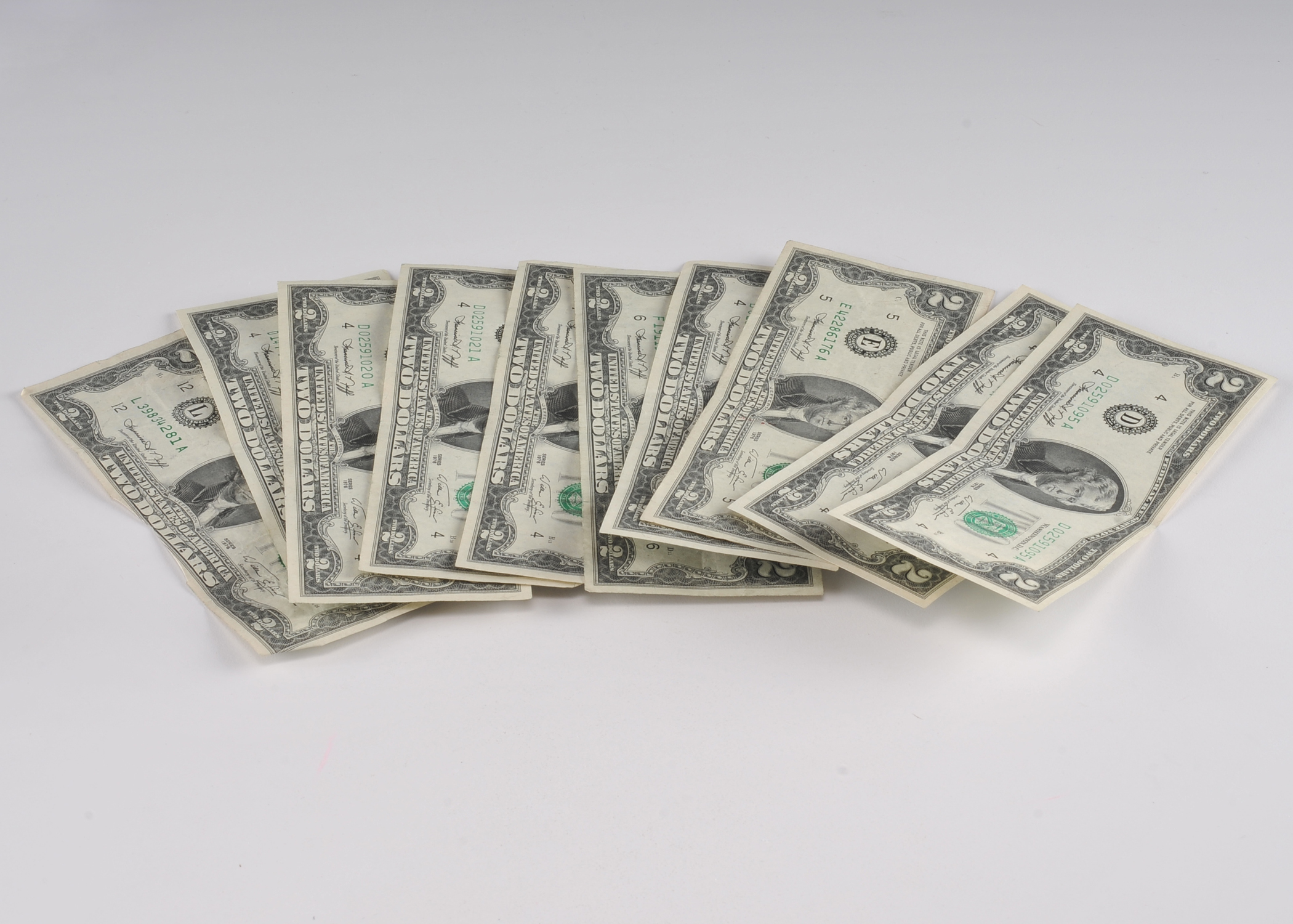 Group of (10) green seal 1976 Bicentennial Two dollar bills