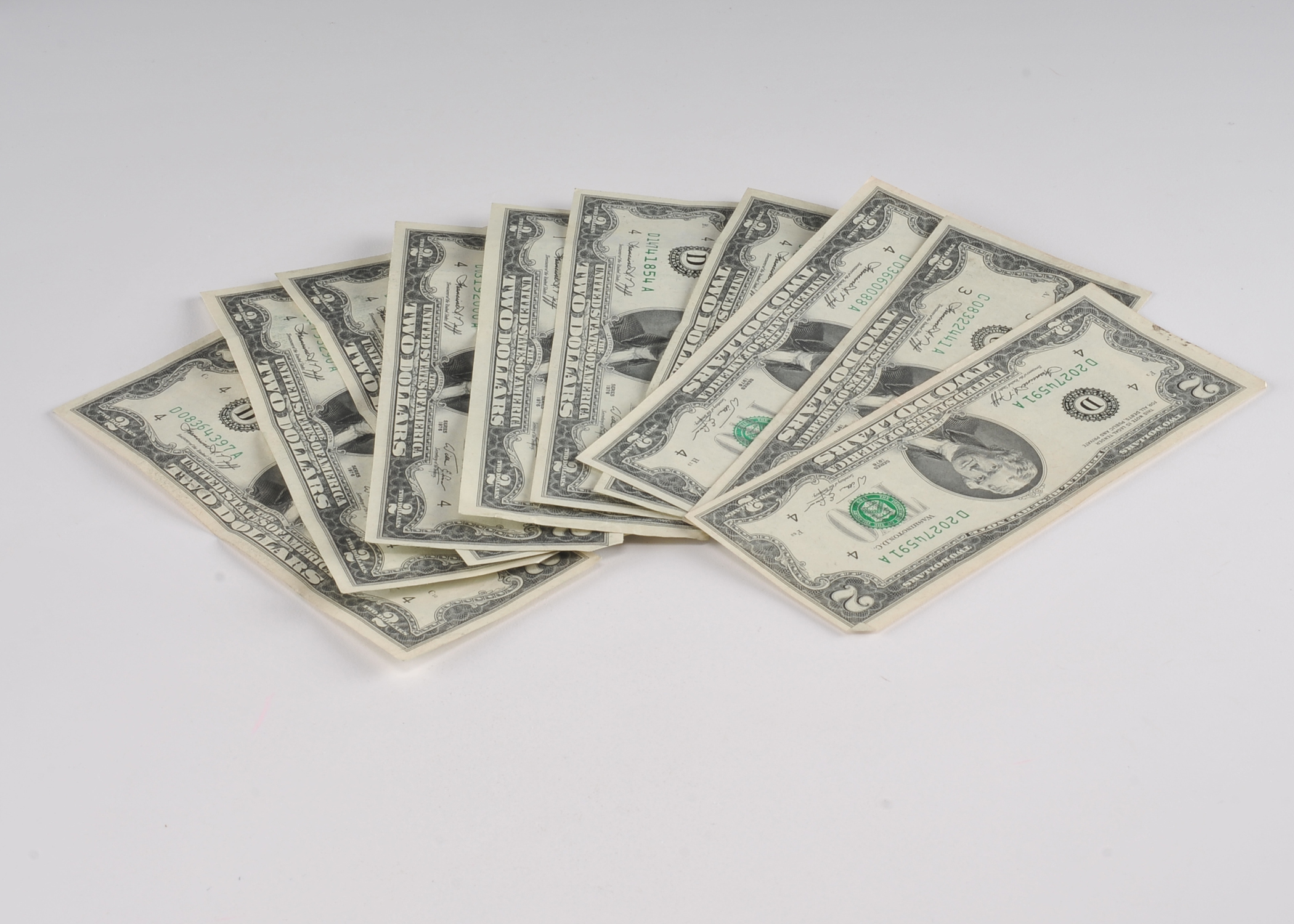 Group of (10) green seal 1976 Bicentennial Two dollar bills