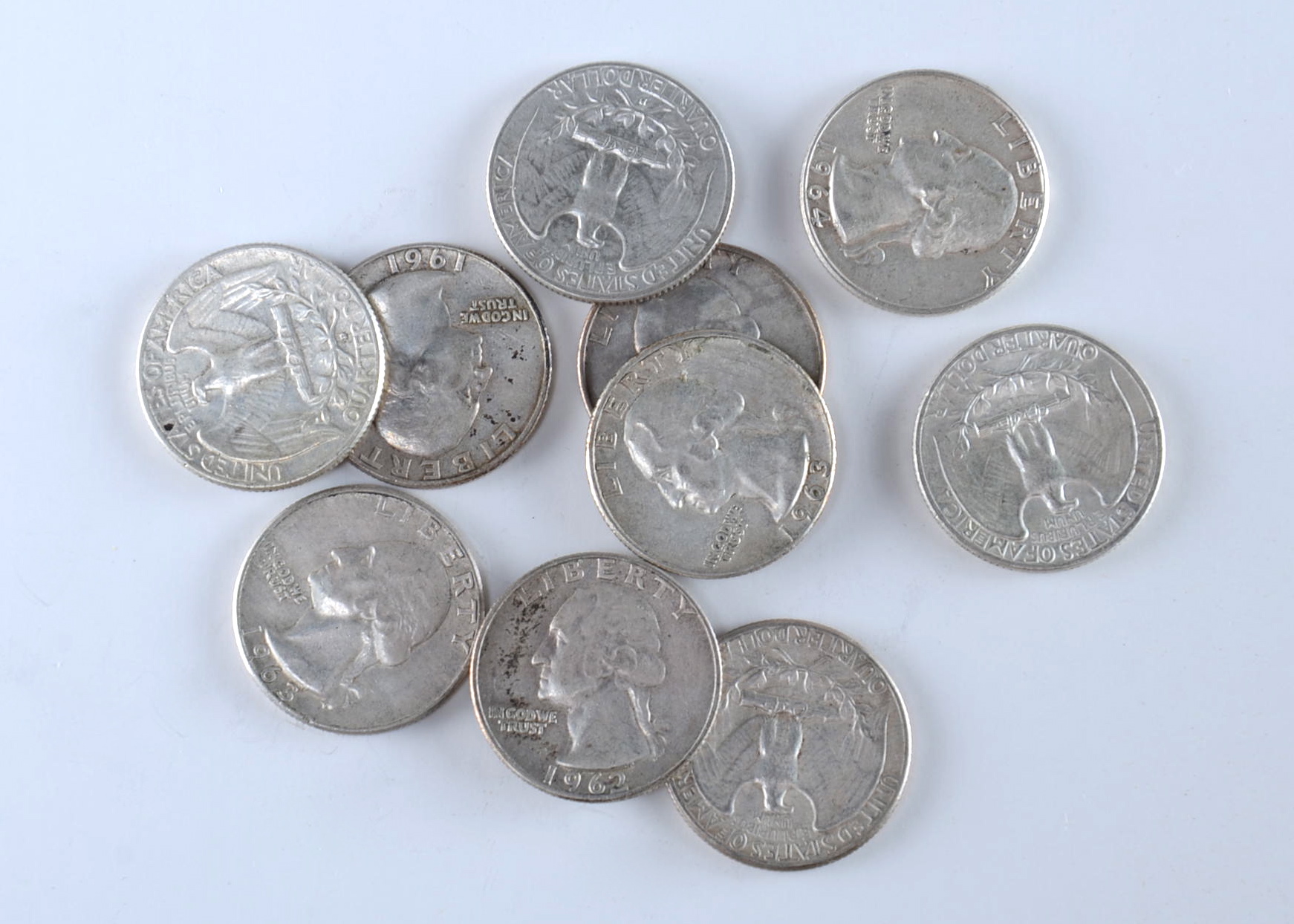 Group of (10) George Washington silver quarters including the following: 1961 D, (2) 1962 D, 1963, (2) 1963 D, (2) 1964, and (2) 1964 D