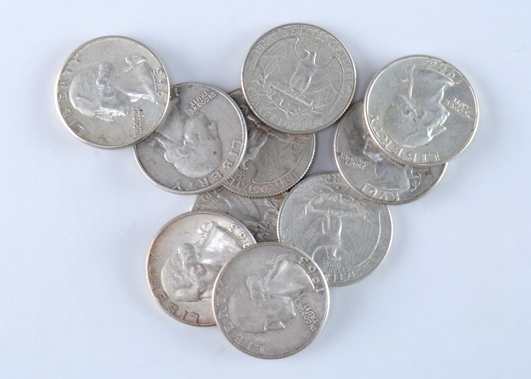 Group of (10) George Washington silver quarters including the following: (2) 1962 D, (2) 1963, (2) 1963 D, (2) 1964, and (2) 1964 D