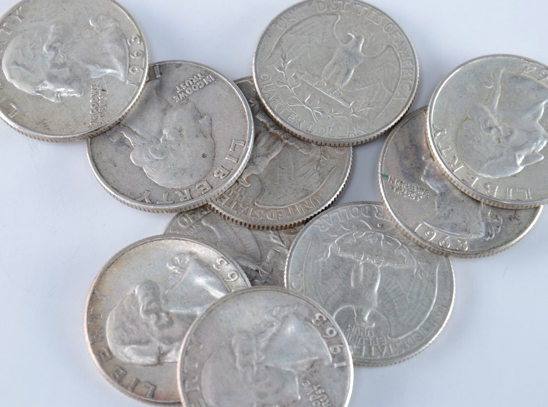 Group of (10) George Washington silver quarters including the following: (2) 1962 D, (2) 1963, (2) 1963 D, (2) 1964, and (2) 1964 D