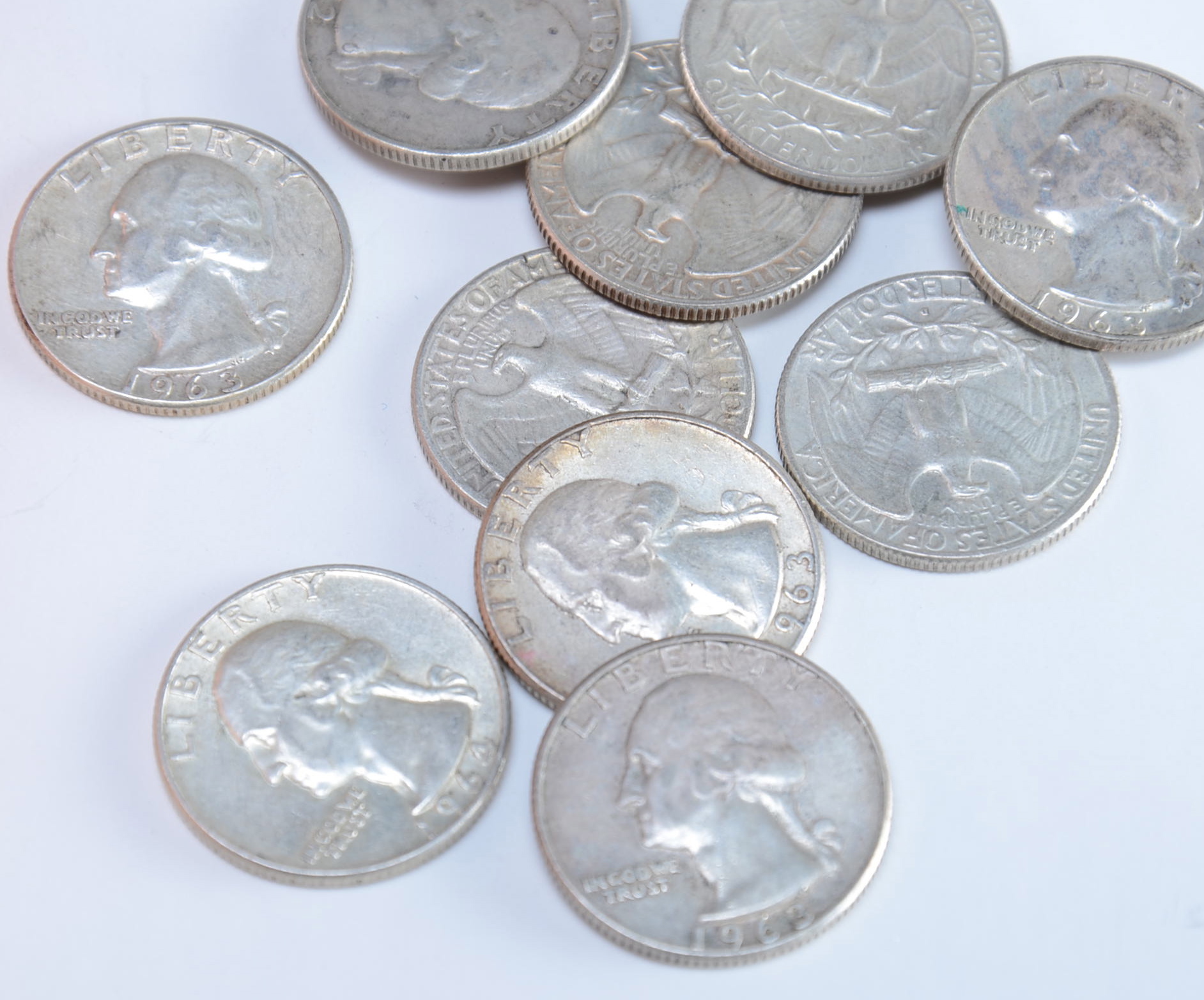 Group of (10) George Washington silver quarters including the following: (2) 1962 D, (2) 1963, (2) 1963 D, (2) 1964, and (2) 1964 D
