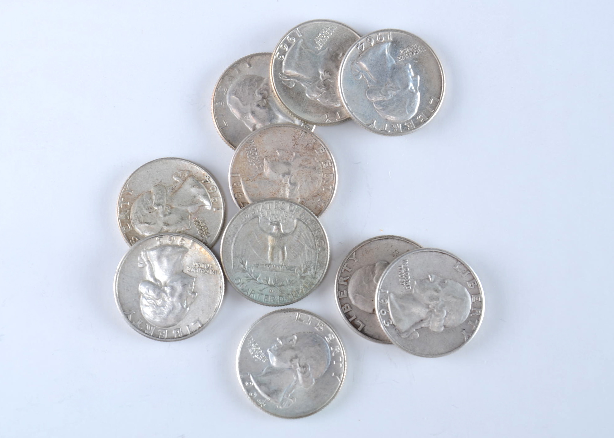 Group of (10) George Washington silver quarters including the following: 1962 D, (3) 1963 D, (3) 1964, and (3) 1964 D