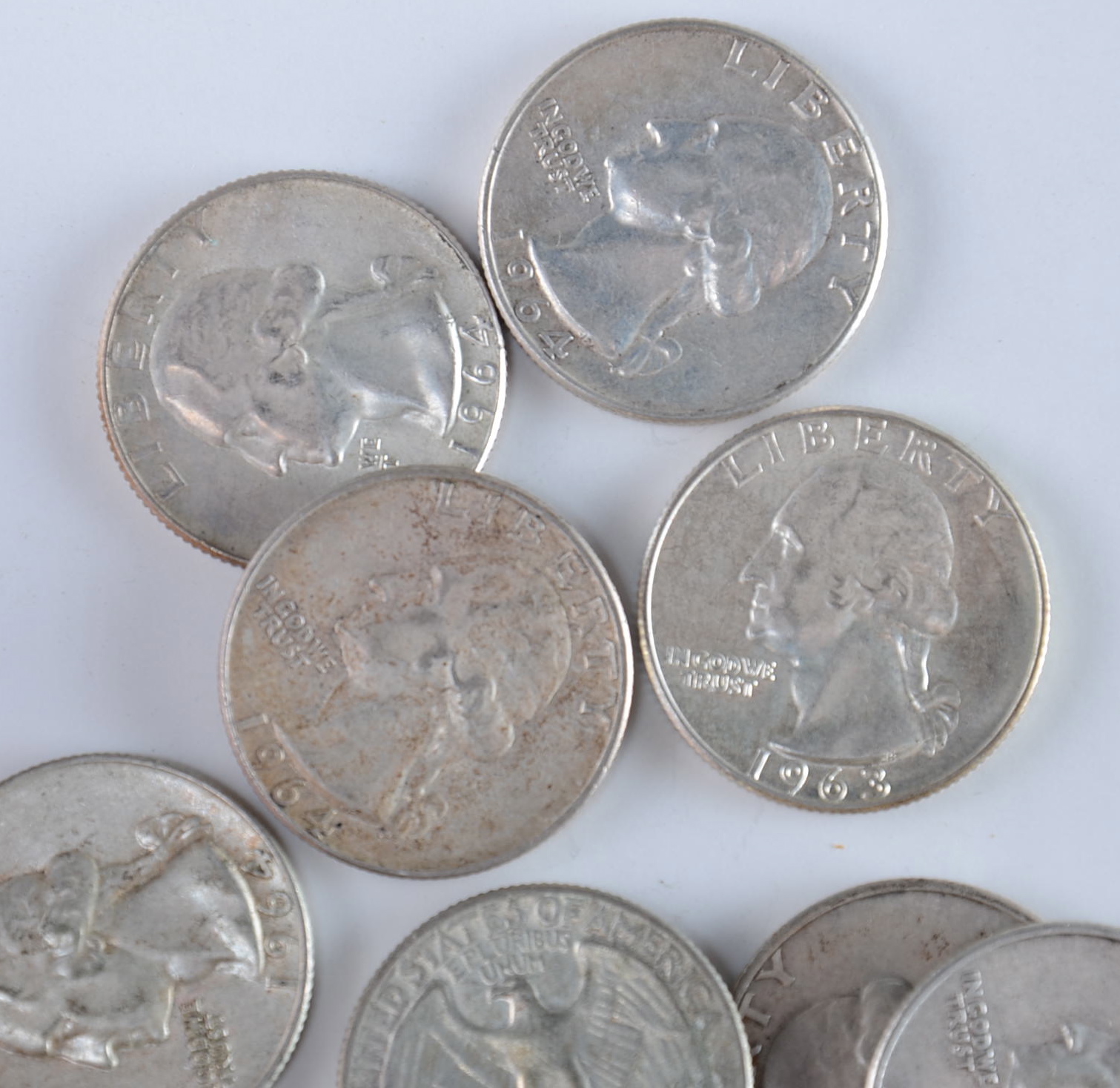 Group of (10) George Washington silver quarters including the following: 1962 D, (3) 1963 D, (3) 1964, and (3) 1964 D