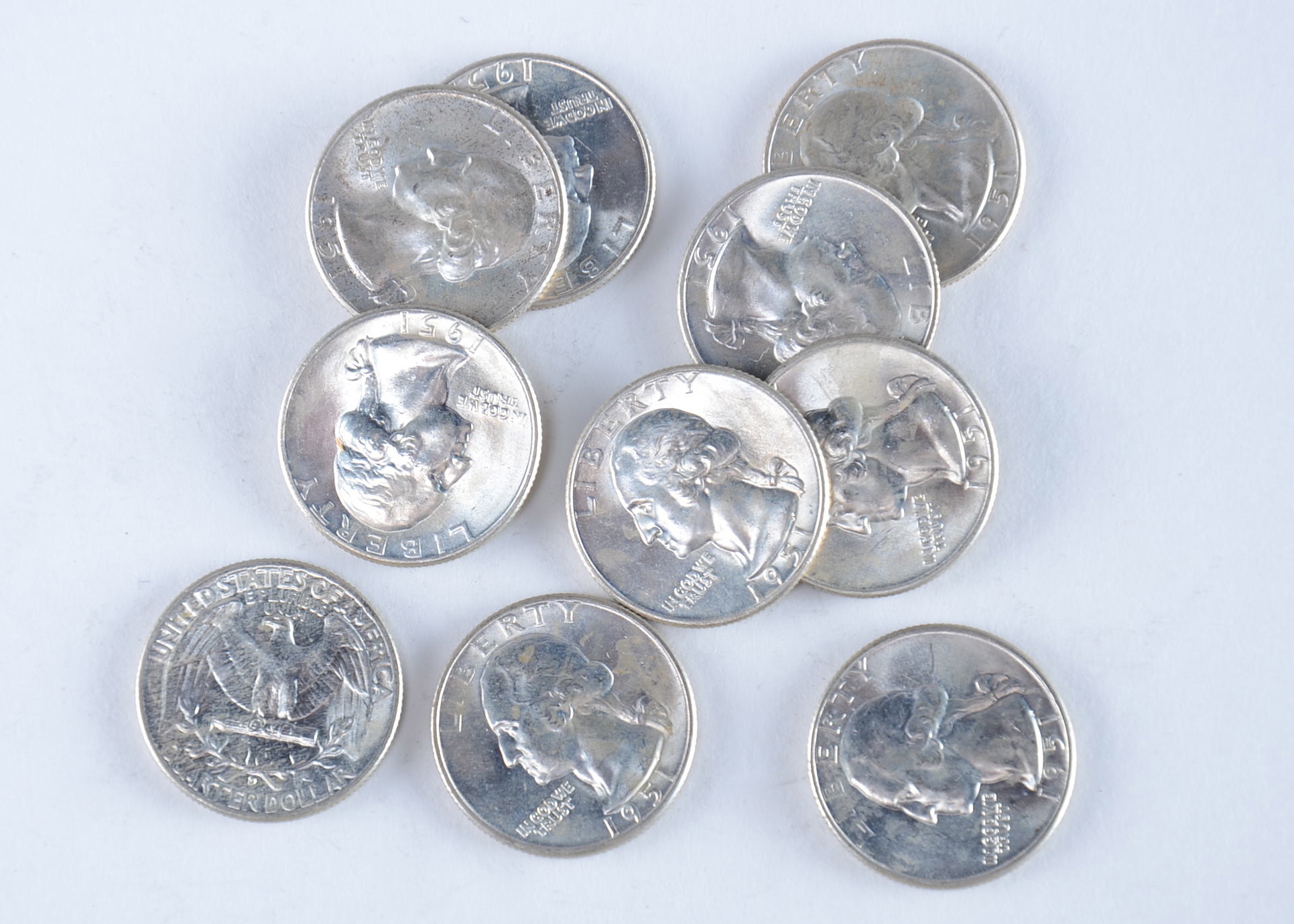 Group of (10) 1951 D George Washington silver quarters in uncirculated condition