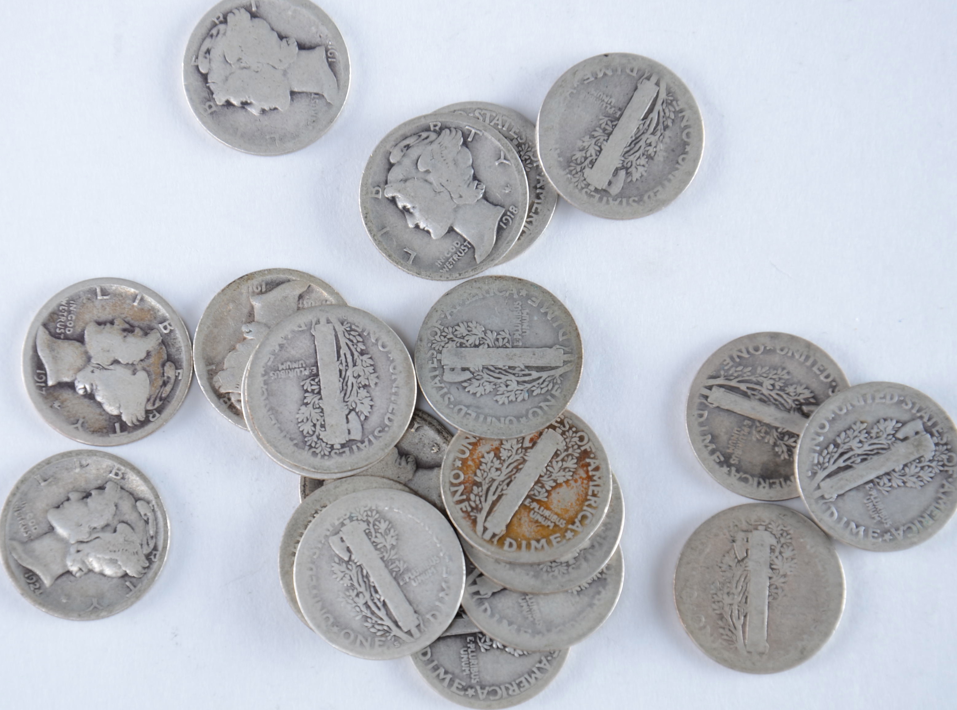Group of (20) silver Mercury dimes including the following: 1916, 1916 S, 1917, 1917 D, 1917 S, 1918, 1918 D, 1918 S, 1919, 1919 D, 1919 S, 1920, 1920 D, 1920 S, 1923, 1924, 1924 D, 1924 S, 1925, and 1925 S