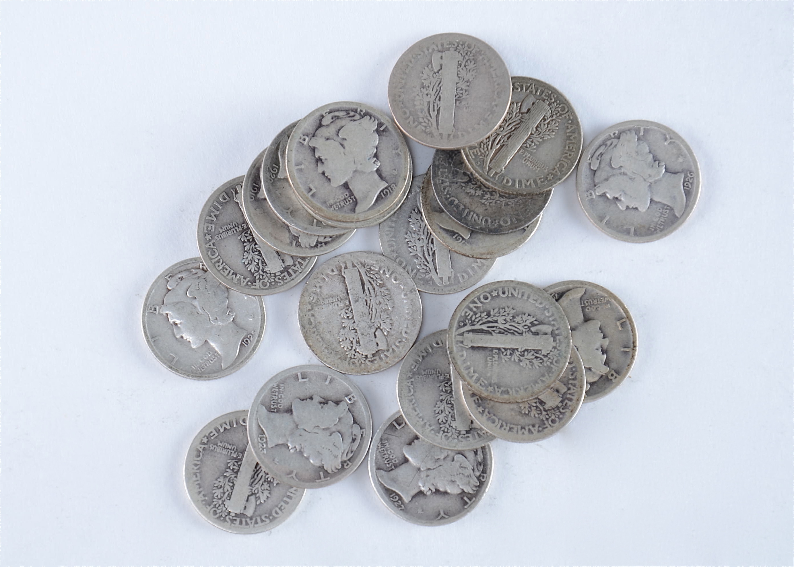 Group of (20) silver Mercury dimes including the following: 1916, 1917, 1917 D, 1917 S, 1918, 1918 D, 1918 S, 1919, 1920, 1920 D, 1923, 1924, 1924 S, 1925, 1926, 1927, 1927 D, 1928, 1928 D, and 1928 S