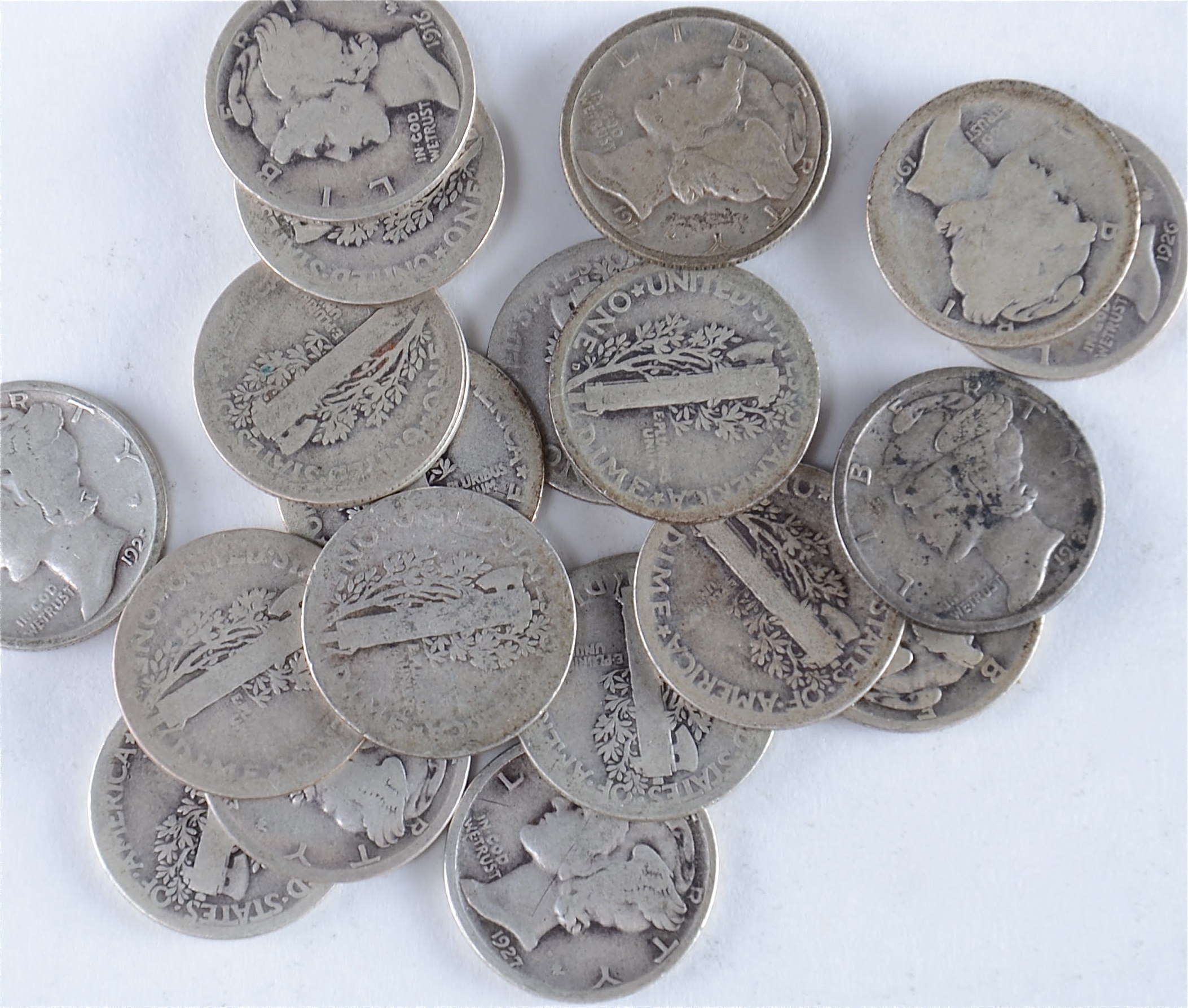 Group of (20) silver Mercury dimes including the following: 1916, 1917, 1917 D, 1917 S, 1918, 1918 D, 1918 S, 1919, 1920, 1920 D, 1923, 1924, 1924 S, 1925, 1926, 1927, 1927 D, 1928, 1928 D, and 1928 S
