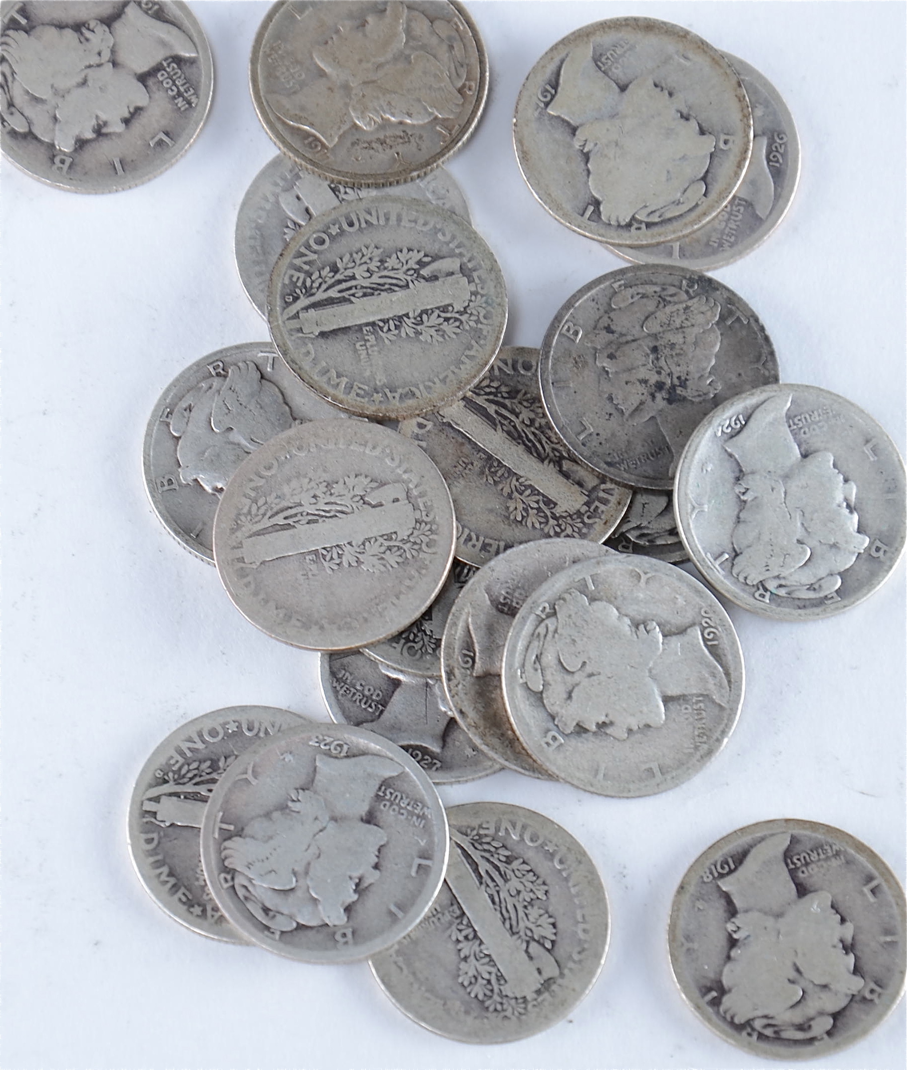 Group of (20) silver Mercury dimes including the following: 1916, 1917, 1917 D, 1917 S, 1918, 1918 D, 1918 S, 1919, 1920, 1920 D, 1923, 1924, 1924 S, 1925, 1926, 1927, 1927 D, 1928, 1928 D, and 1928 S