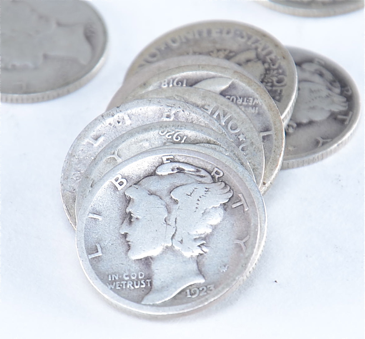 Group of (20) silver Mercury dimes including the following: 1916, 1917, 1917 D, 1917 S, 1918, 1918 D, 1918 S, 1919, 1920, 1920 D, 1923, 1924, 1924 S, 1925, 1926, 1927, 1927 D, 1928, 1928 D, and 1928 S