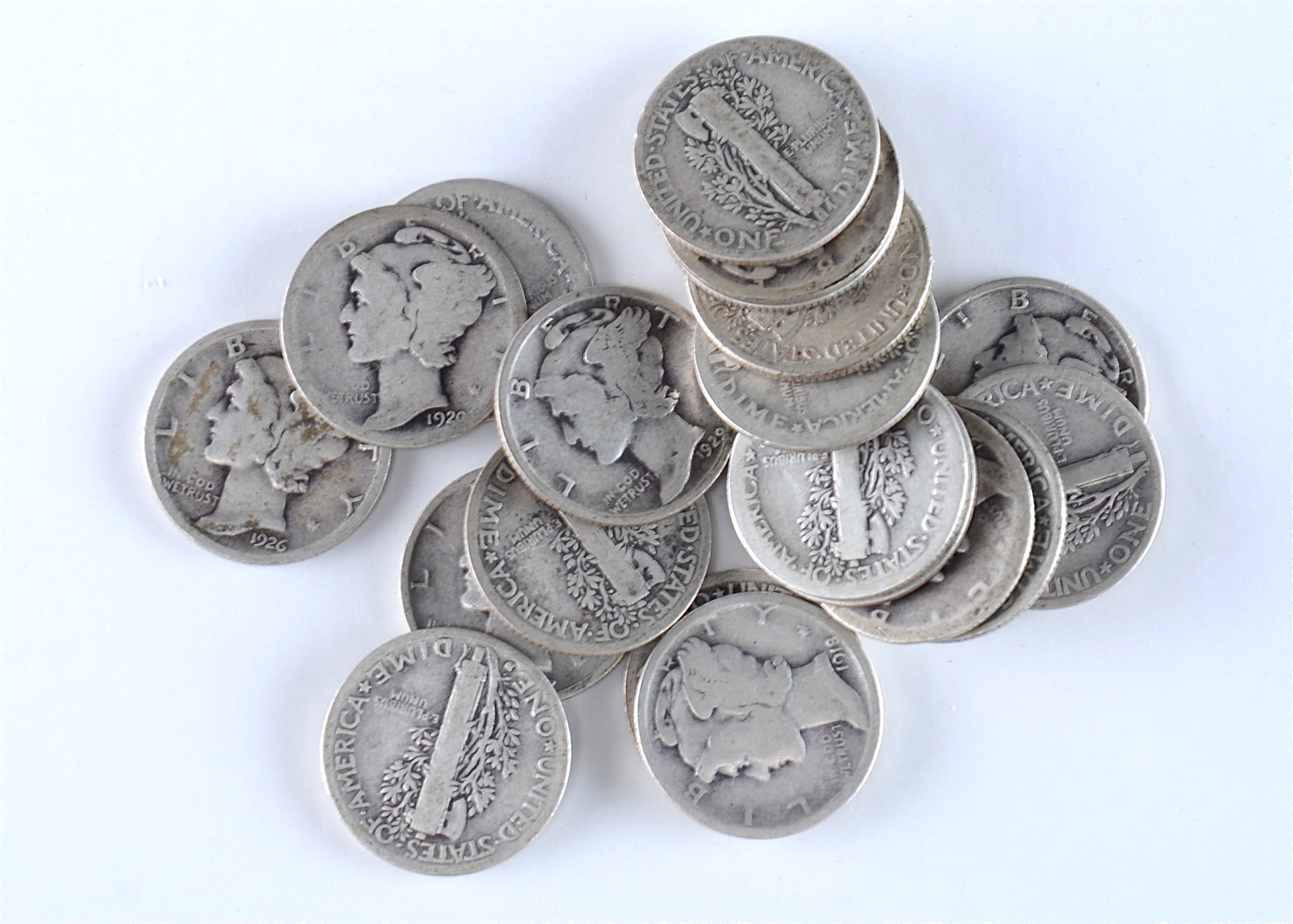 Group of (20) silver Mercury dimes including the following: 1916, 1917, 1918, 1918 D, 1918 S, 1919, 1920, 1920 D, 1923, 1924, 1925, 1926, 1927, 1928, 1929, 1929 D, 1929 S, 1930, 1931, and 1931 S
