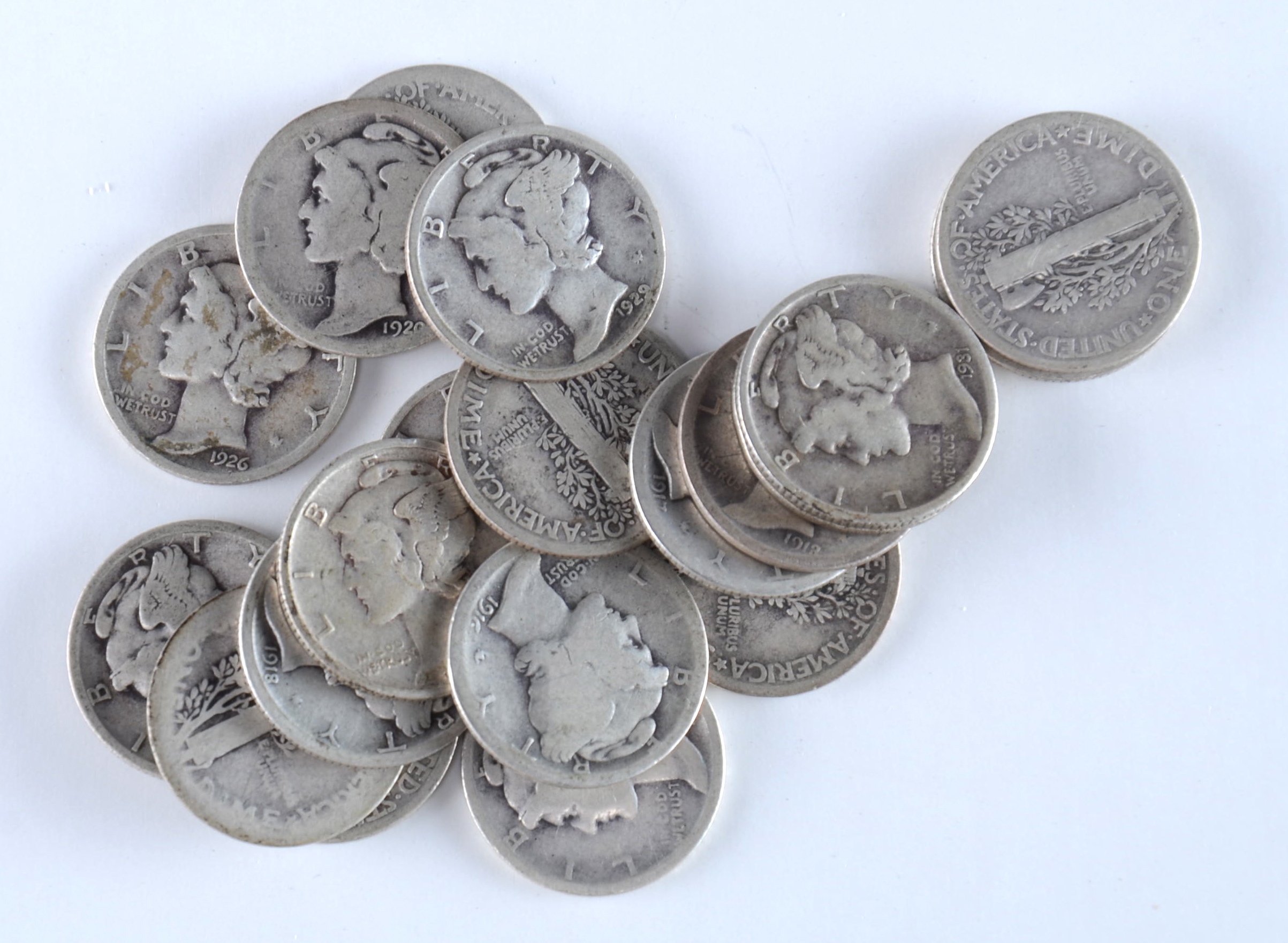 Group of (20) silver Mercury dimes including the following: 1916, 1917, 1918, 1918 D, 1918 S, 1919, 1920, 1920 D, 1923, 1924, 1925, 1926, 1927, 1928, 1929, 1929 D, 1929 S, 1930, 1931, and 1931 S
