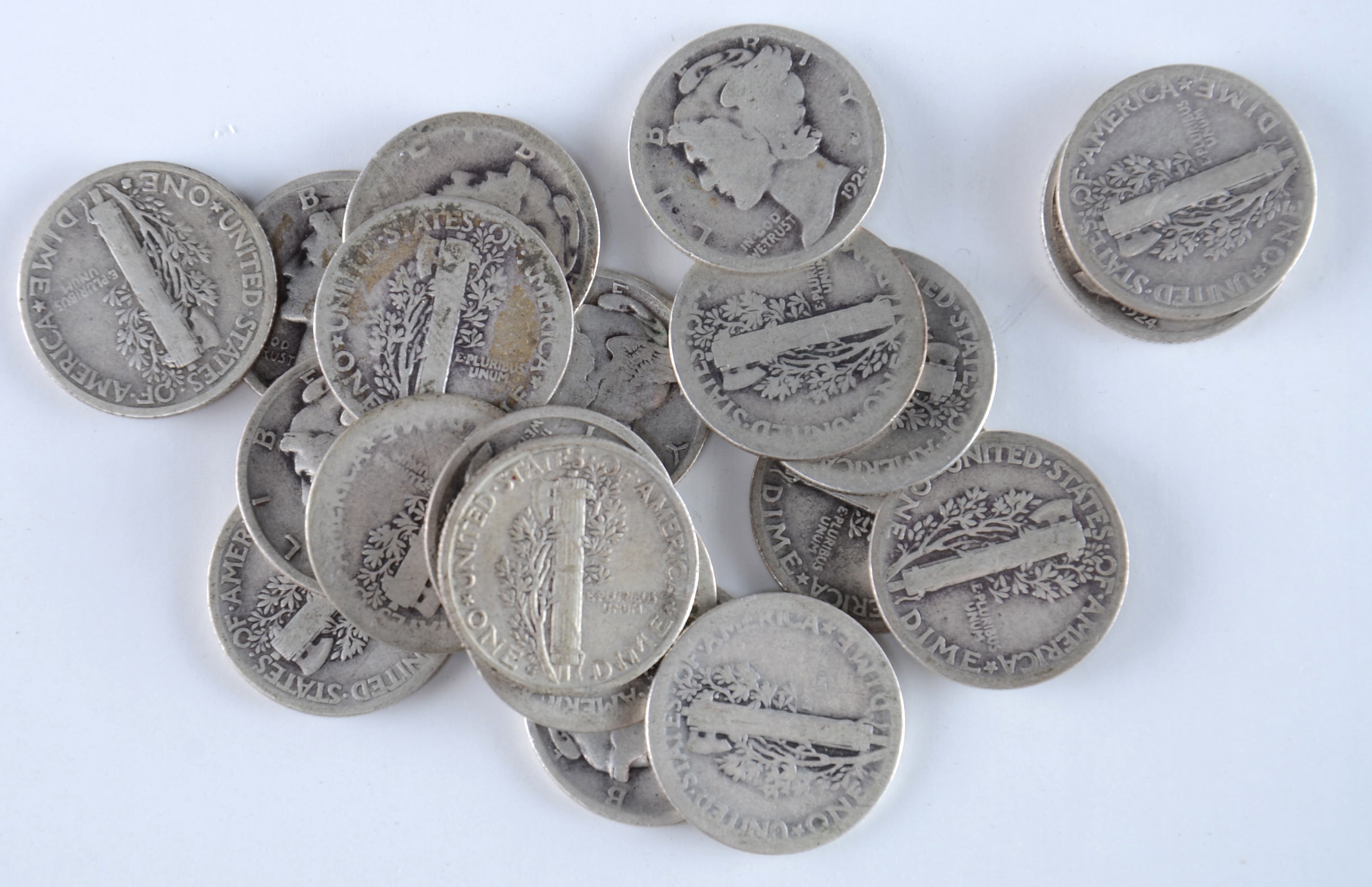 Group of (20) silver Mercury dimes including the following: 1916, 1917, 1918, 1918 D, 1918 S, 1919, 1920, 1920 D, 1923, 1924, 1925, 1926, 1927, 1928, 1929, 1929 D, 1929 S, 1930, 1931, and 1931 S