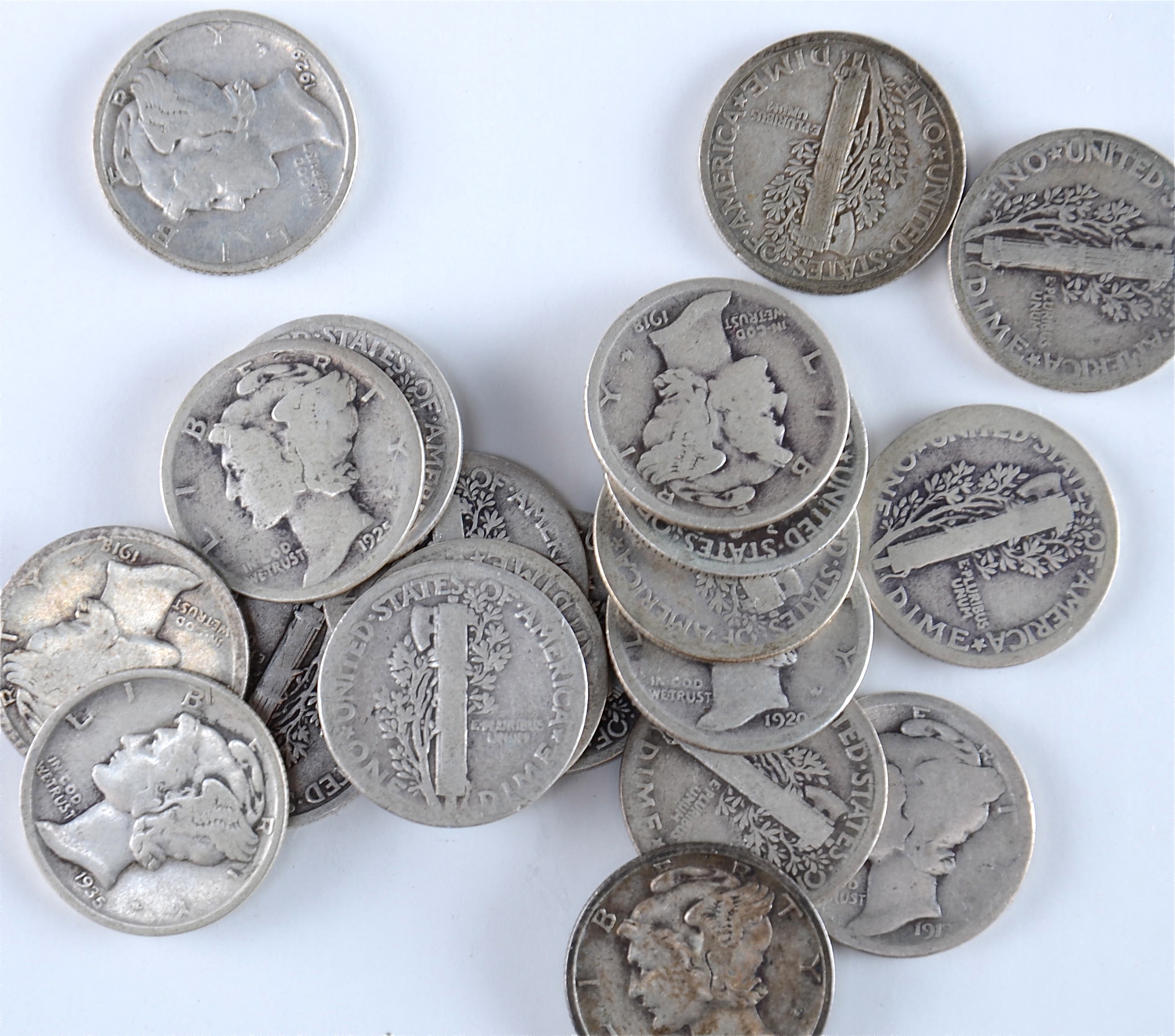 Group of (20) silver Mercury dimes including the following: 1916, 1917, 1918, 1918 D, 1919, 1920, 1923, 1924, 1925, 1926, 1927, 1928, 1929, 1929 D, 1930, 1931 S, 1934, 1934 D, 1935, and 1935 D