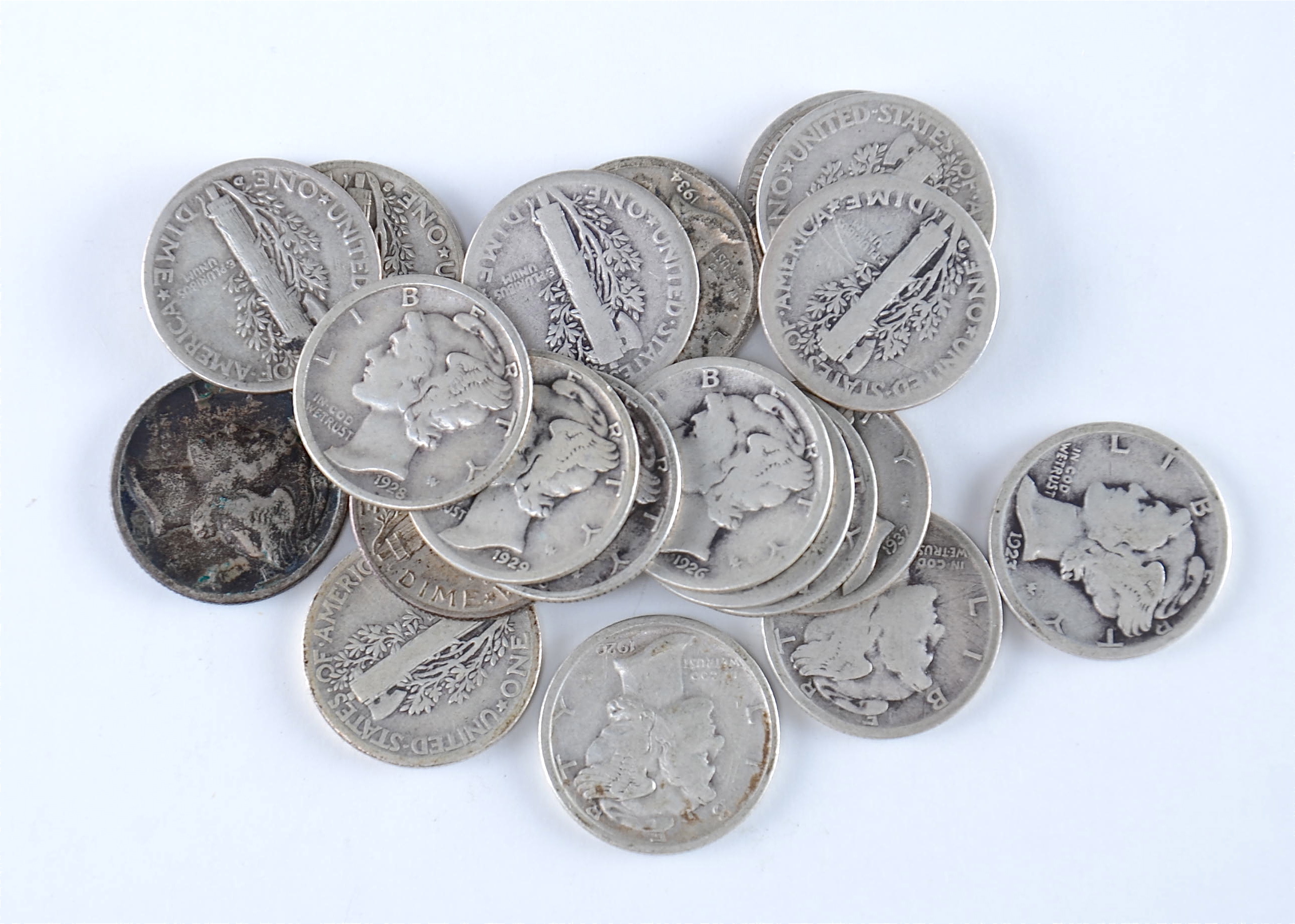 Group of (20) silver Mercury dimes including the following: 1917, 1920, 1923, 1924, 1925, 1926, 1927, 1928, 1929, 1930, 1934, 1934 D, 1935, 1935 D, 1935 S, 1936, 1936 D, 1936 S, 1937, and 1937 D