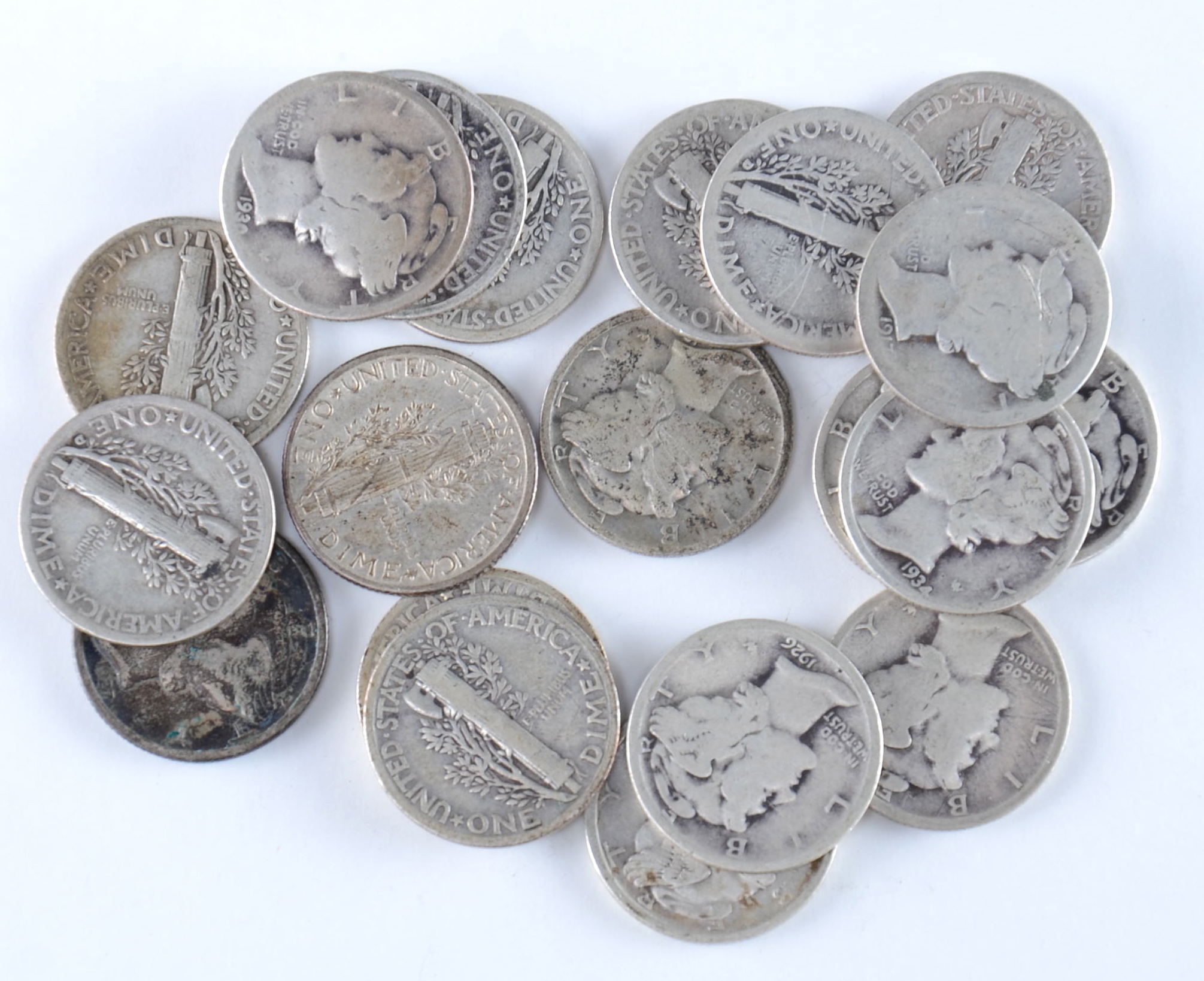 Group of (20) silver Mercury dimes including the following: 1917, 1920, 1923, 1924, 1925, 1926, 1927, 1928, 1929, 1930, 1934, 1934 D, 1935, 1935 D, 1935 S, 1936, 1936 D, 1936 S, 1937, and 1937 D