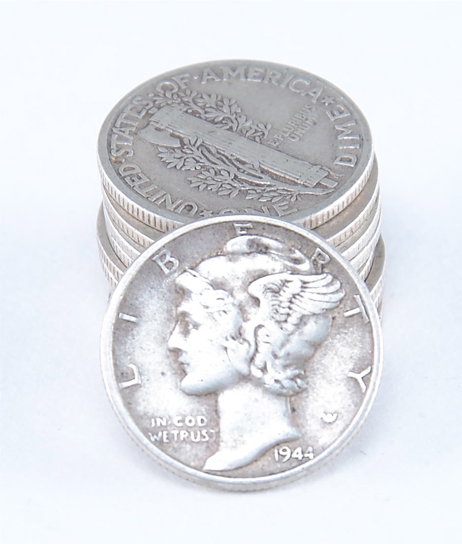 Group of (10) silver Mercury dimes including the following: 1924, 1935, 1935 D, 1935 S, 1936, 1937 S, 1941, 1942, 1944, and 1944 D