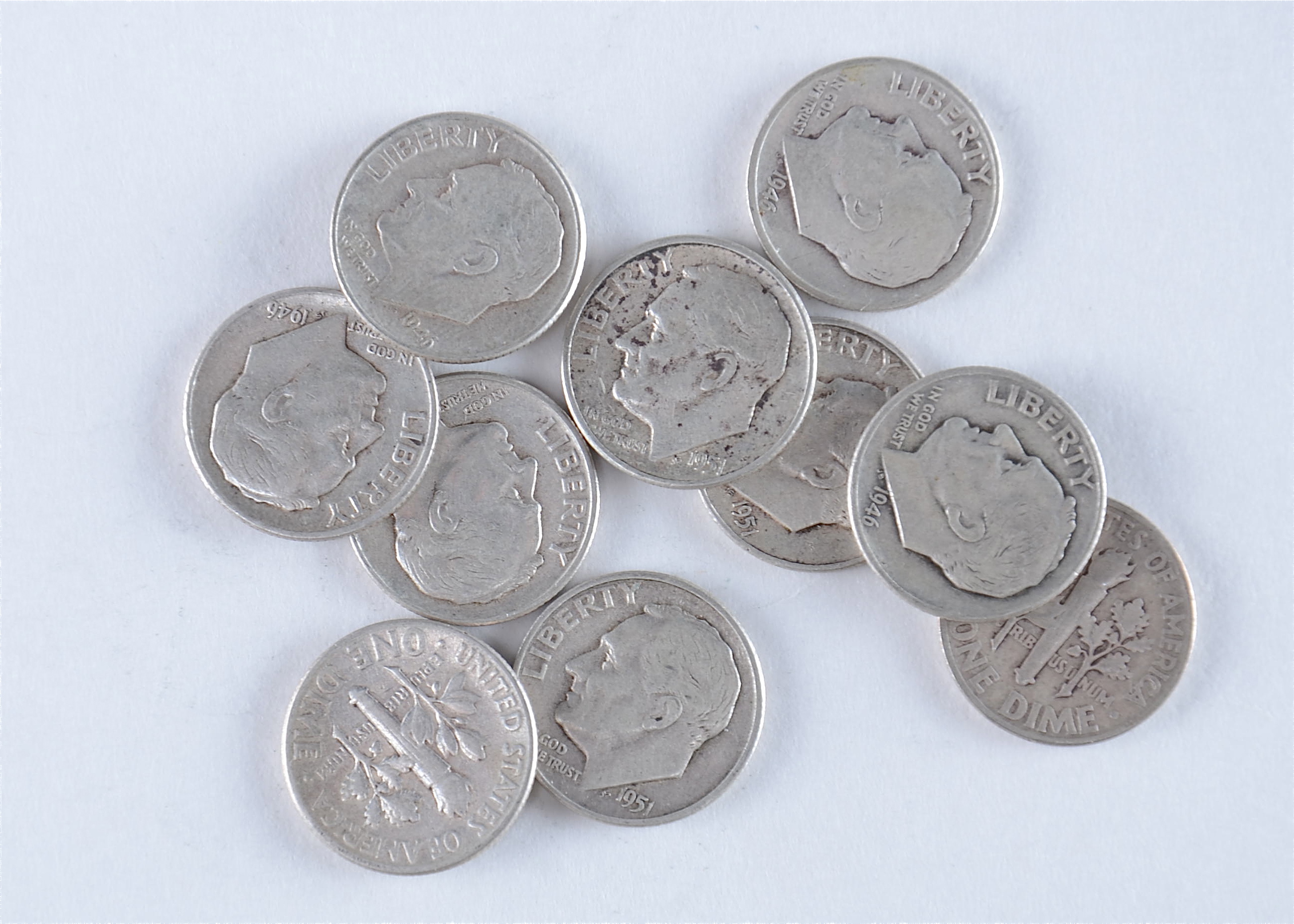 Group of (10) silver Roosevelt dimes including the following: (6) 1946-first year of issue, 1951 D, and (3) 1951