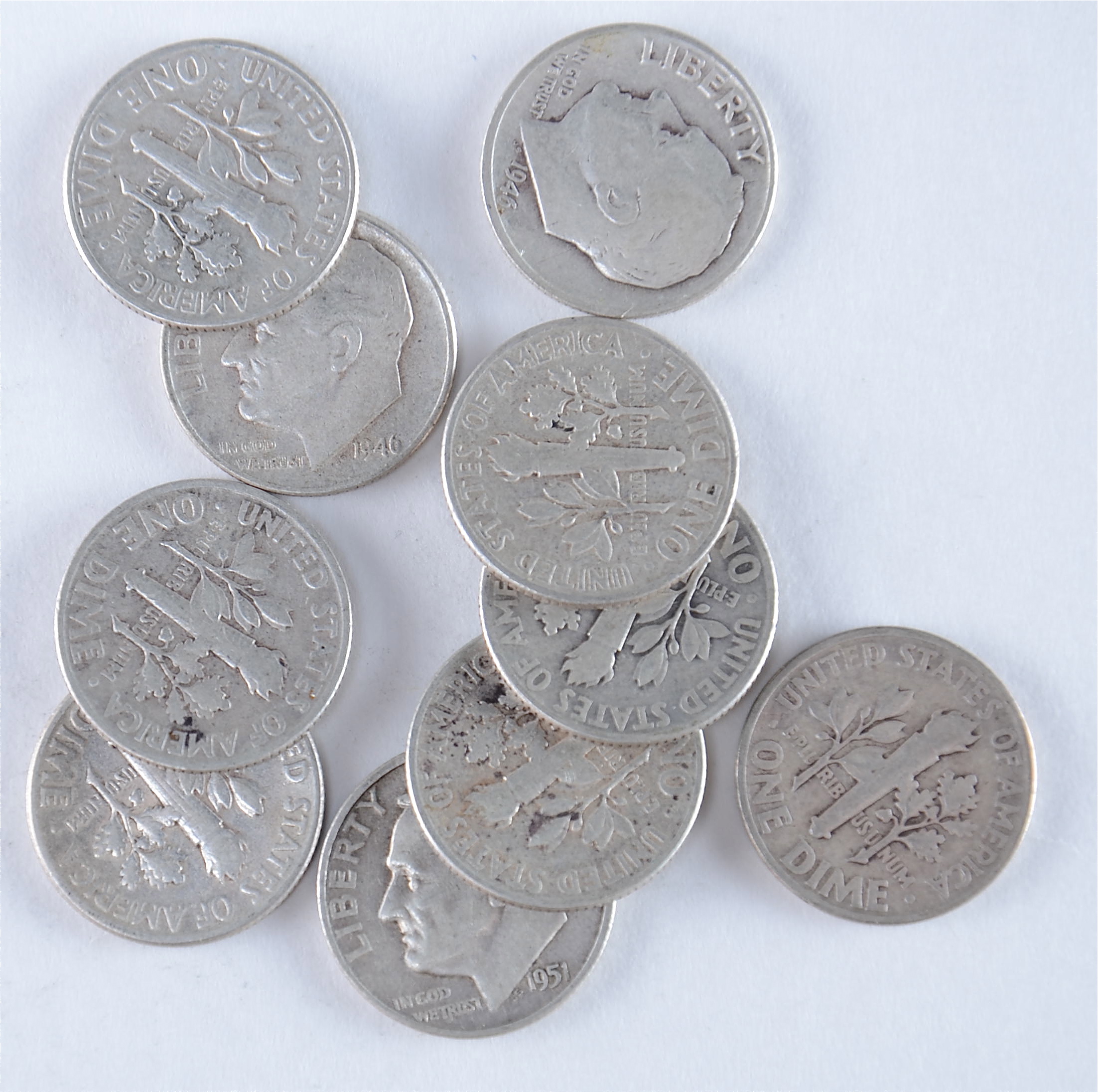 Group of (10) silver Roosevelt dimes including the following: (6) 1946-first year of issue, 1951 D, and (3) 1951
