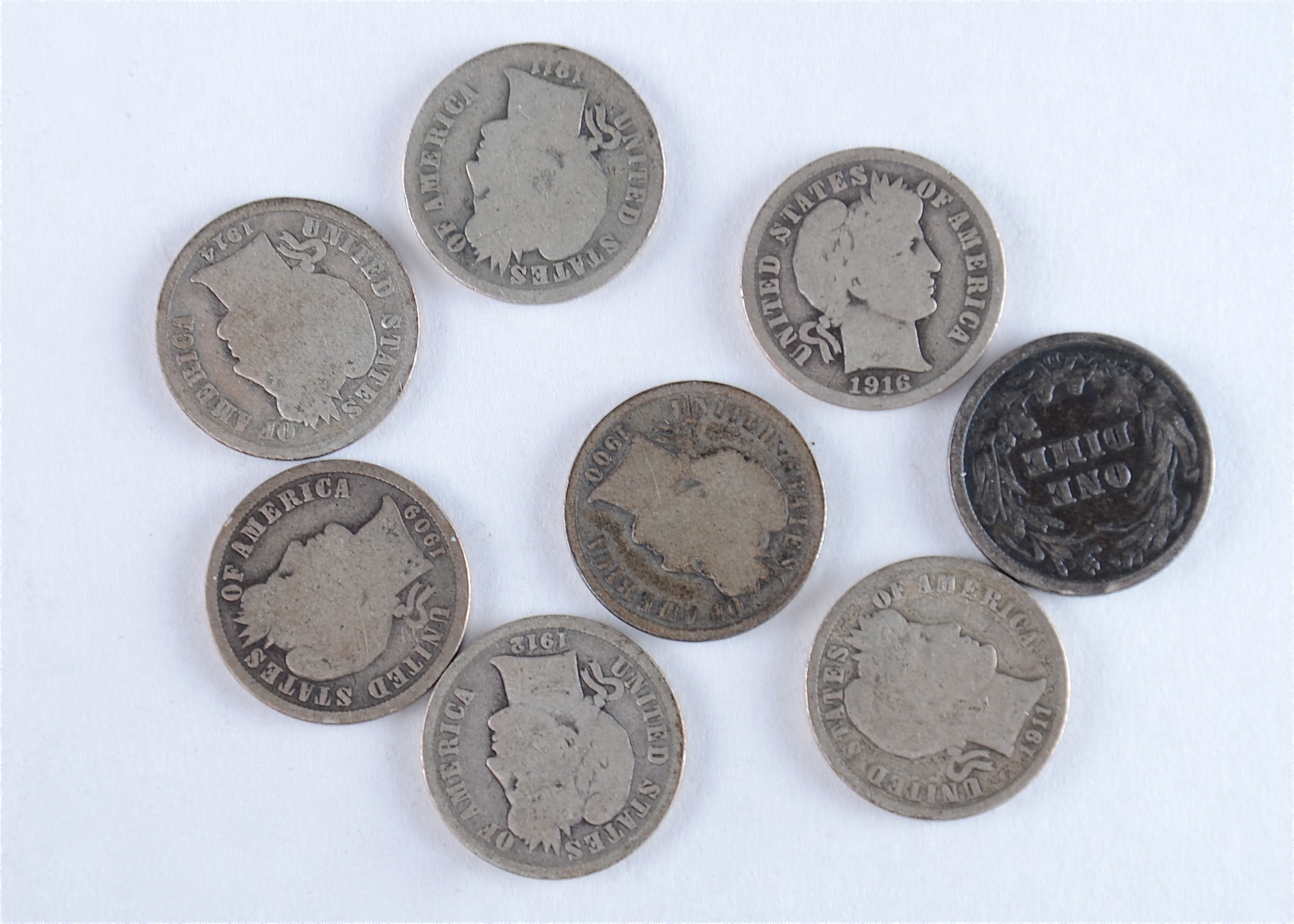 Group of (8) silver Barber dimes including the following: 1900, 1909, 1911, 1911 D, (2) 1912 D, 1914, and 1916