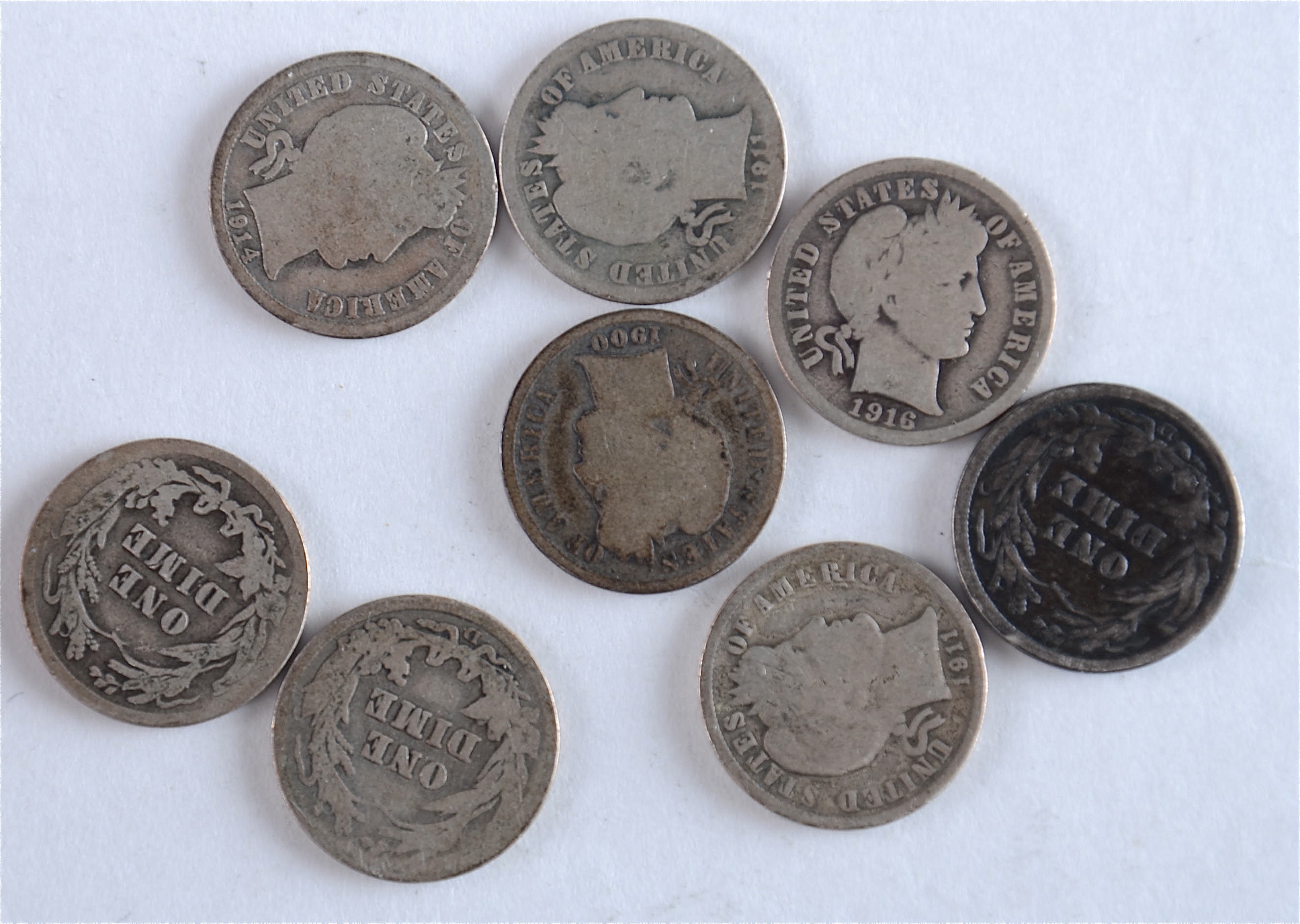 Group of (8) silver Barber dimes including the following: 1900, 1909, 1911, 1911 D, (2) 1912 D, 1914, and 1916