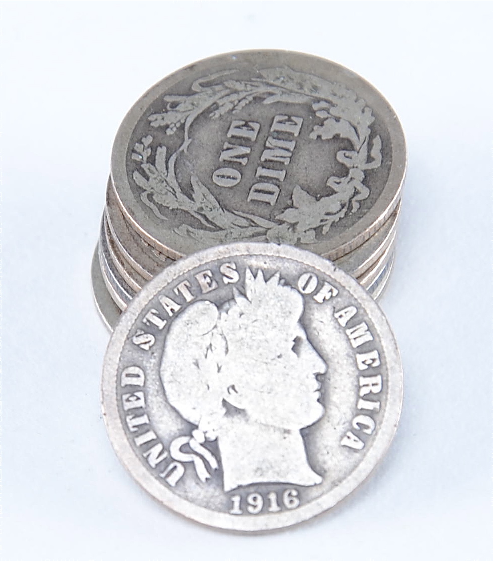 Group of (8) silver Barber dimes including the following: 1900, 1909, 1911, 1911 D, (2) 1912 D, 1914, and 1916