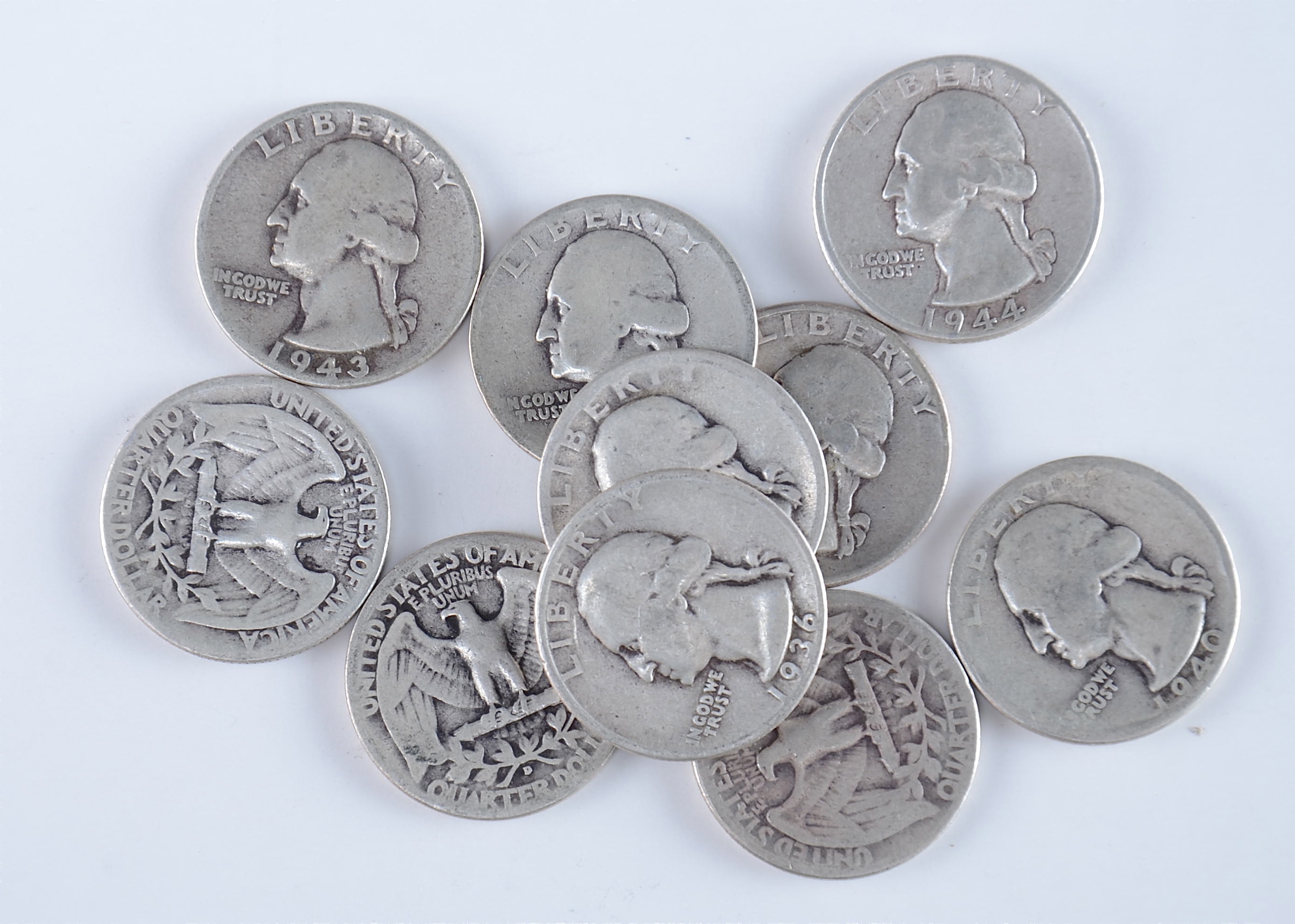 Group of (10) silver Washington quarters including the following: 1934, 1936, 1938, 1939, 1940, 1942, 1942 D, 1943, 1944, and 1945