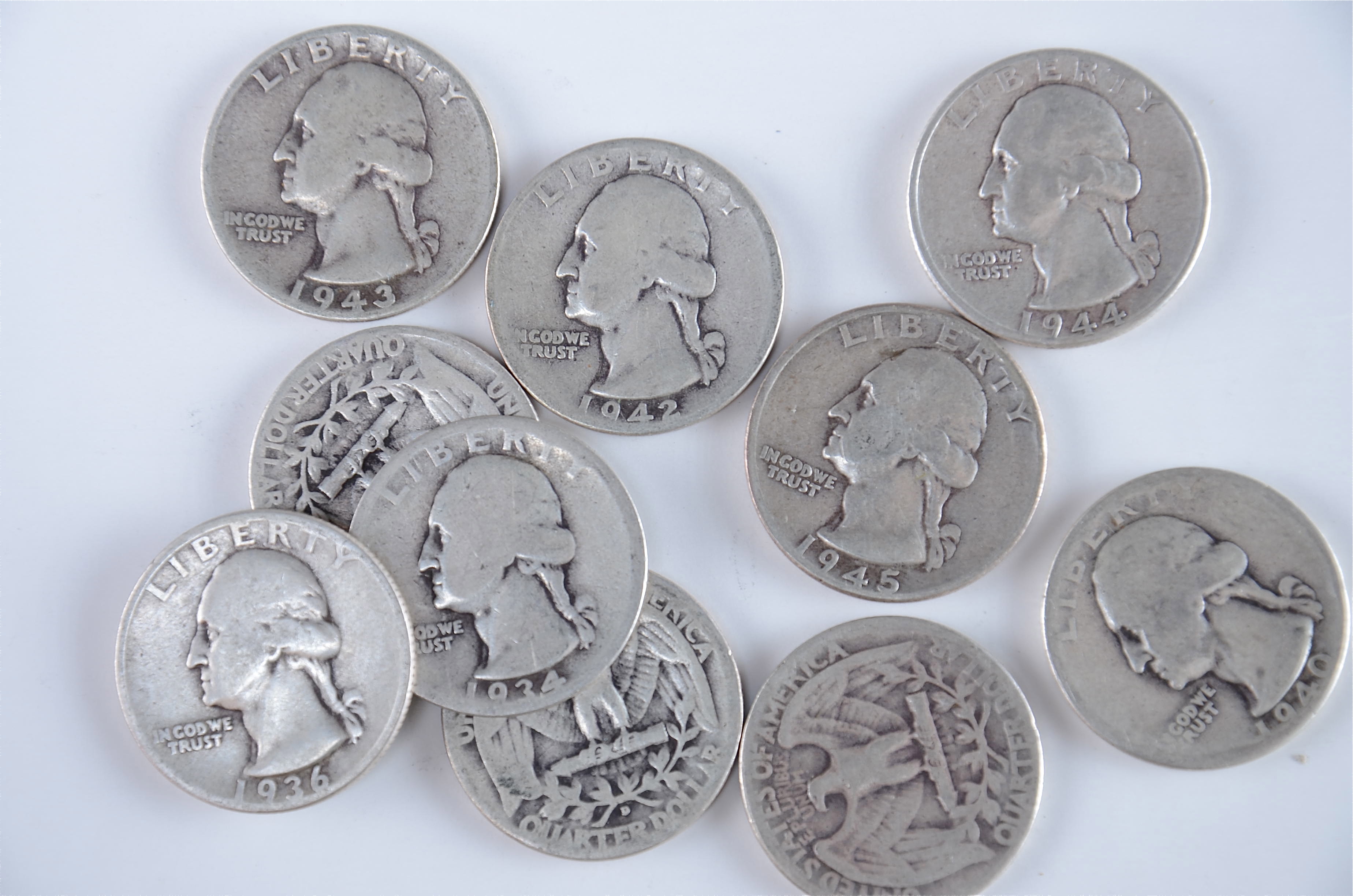 Group of (10) silver Washington quarters including the following: 1934, 1936, 1938, 1939, 1940, 1942, 1942 D, 1943, 1944, and 1945