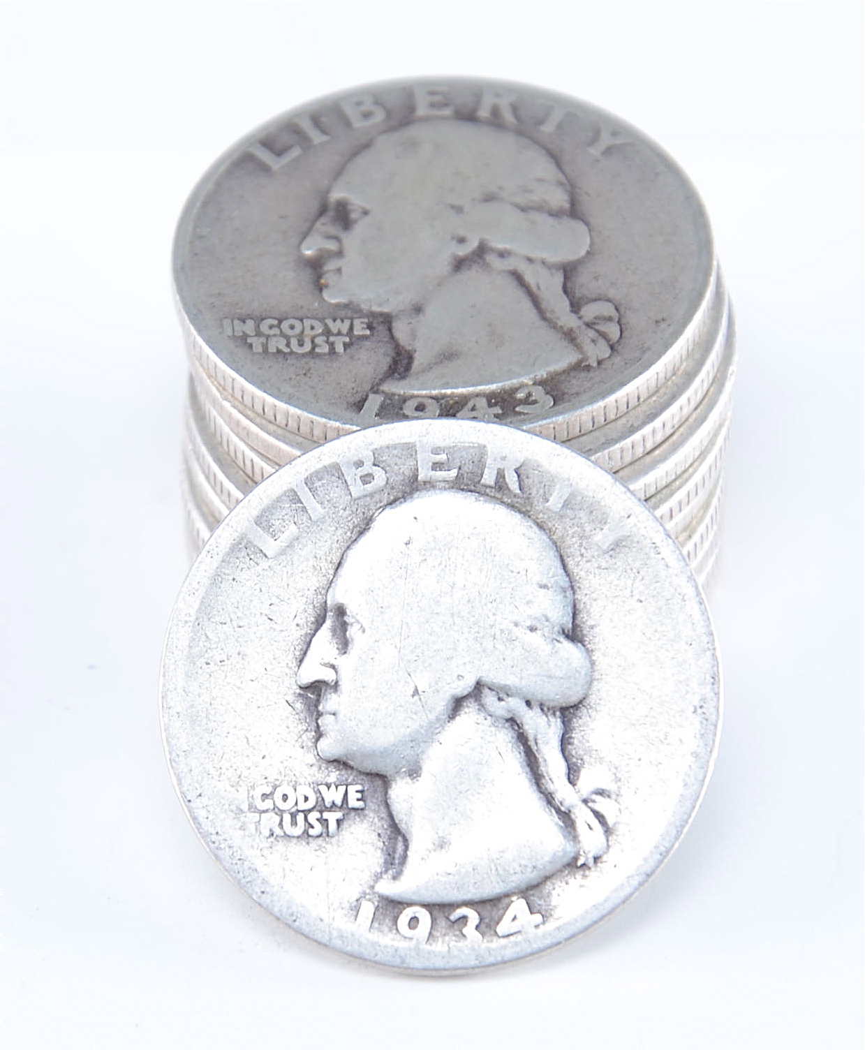 Group of (10) silver Washington quarters including the following: 1934, 1936, 1938, 1939, 1940, 1942, 1942 D, 1943, 1944, and 1945