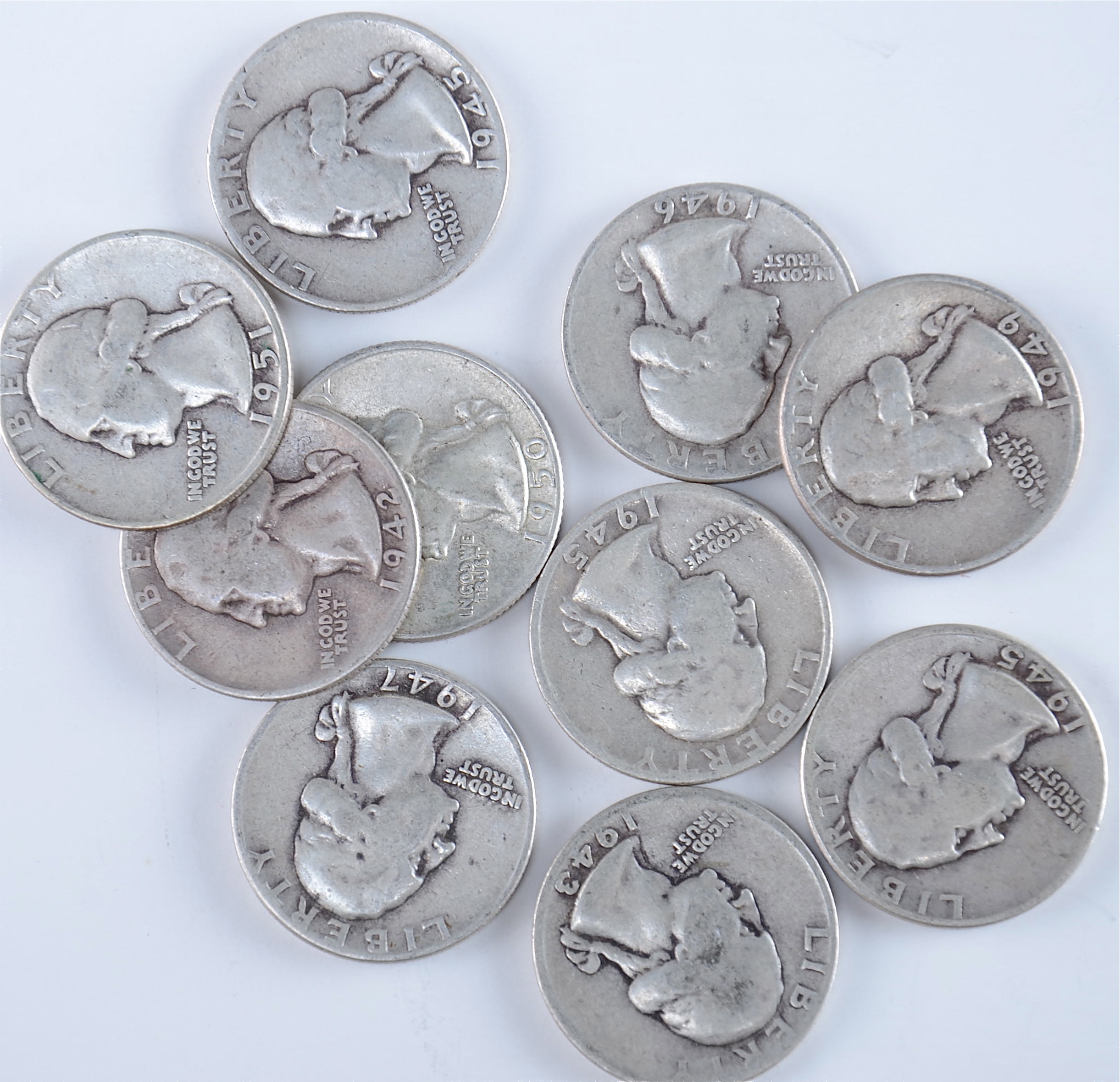 Group of (10) silver Washington quarters including the following: 1942, 1943, 1945, 1945 D, 1945 S, 1946, 1947, 1949, 1950 D, and 1951 D