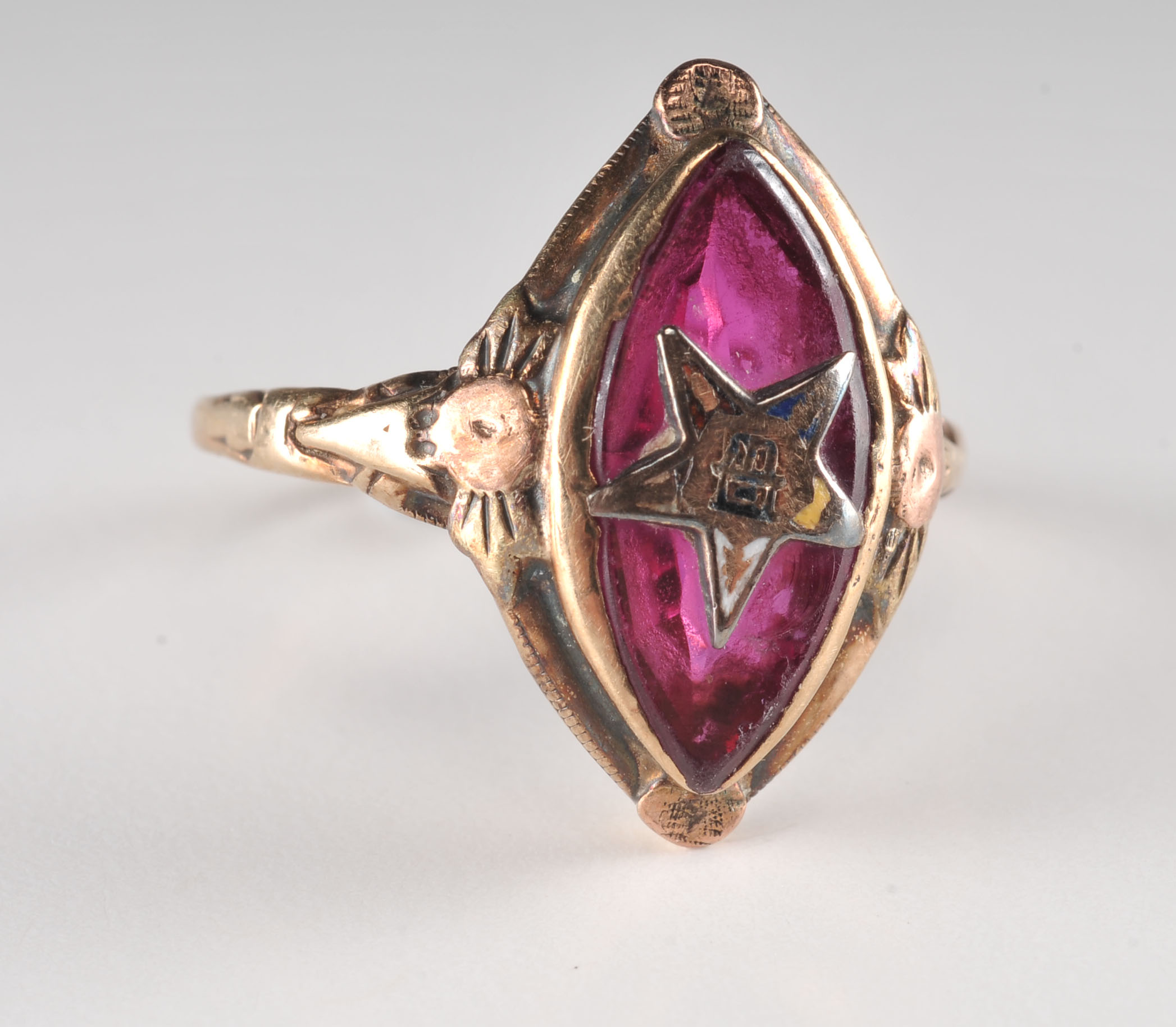 Antique Gold Tone and Red Glass Eastern Star Ring