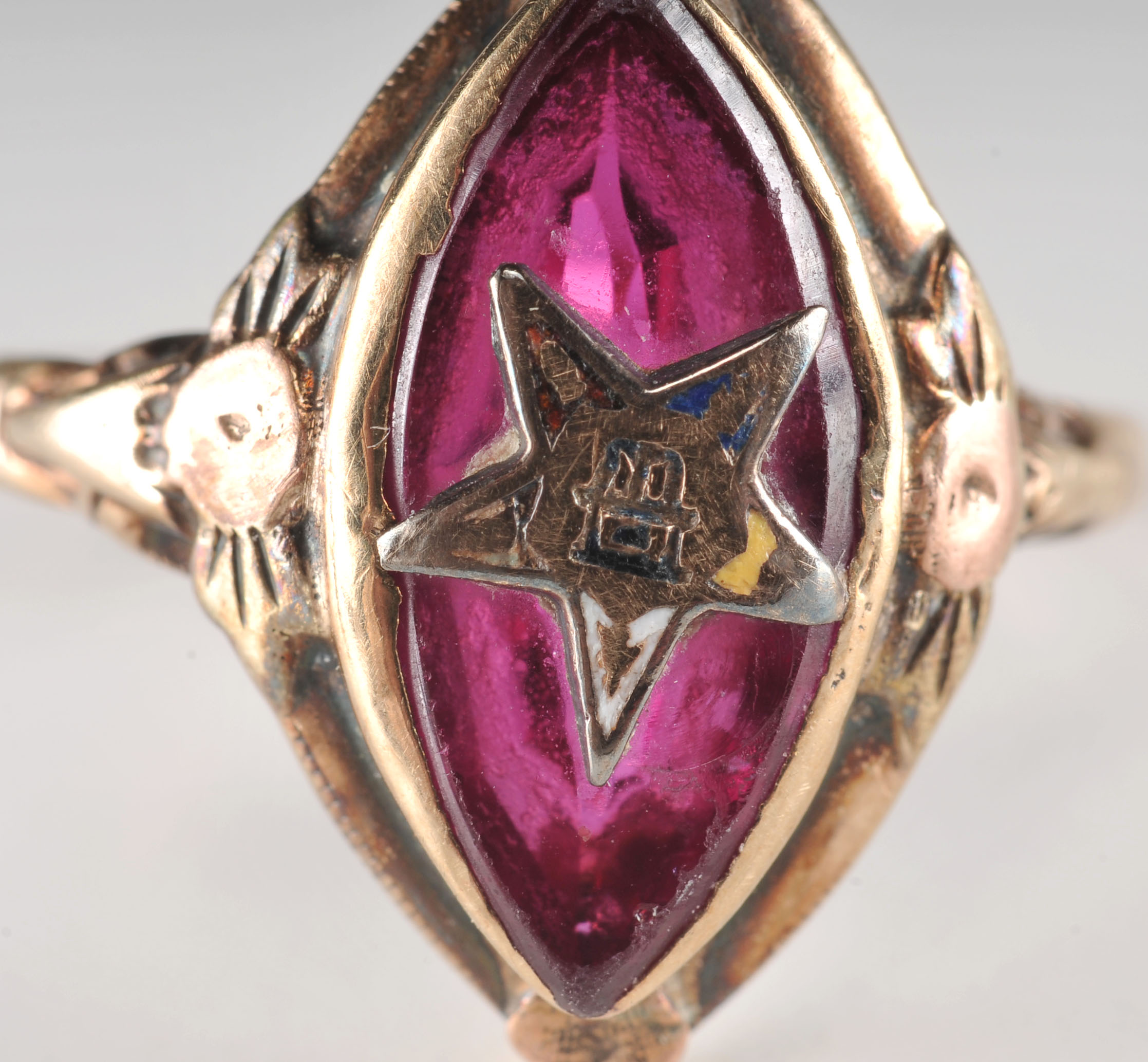 Antique Gold Tone and Red Glass Eastern Star Ring