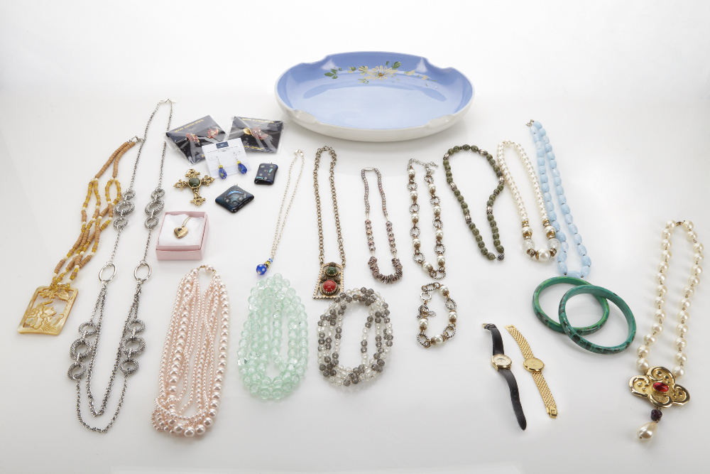 Lot of costume jewelry and dainty floral dresser tray