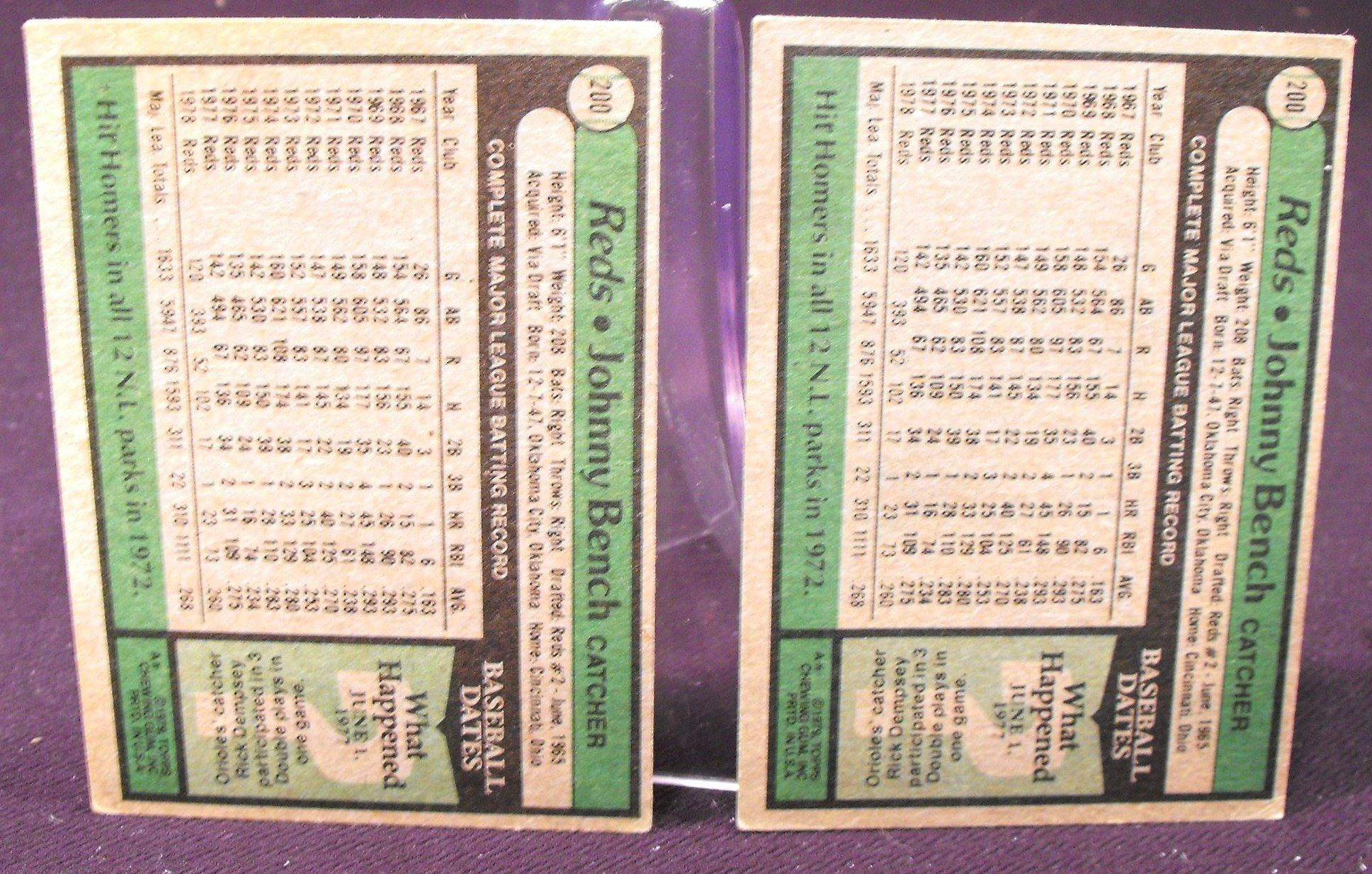 Vintage Johnny Bench Topps Baseball Cards