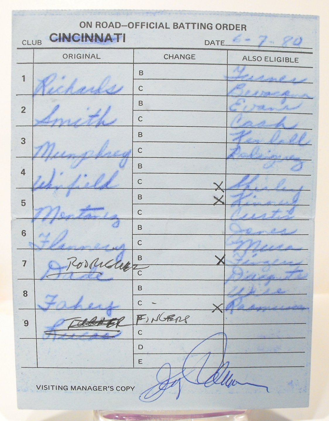 (5) 1980 Cincinnati Reds Game Used Line Up Cards