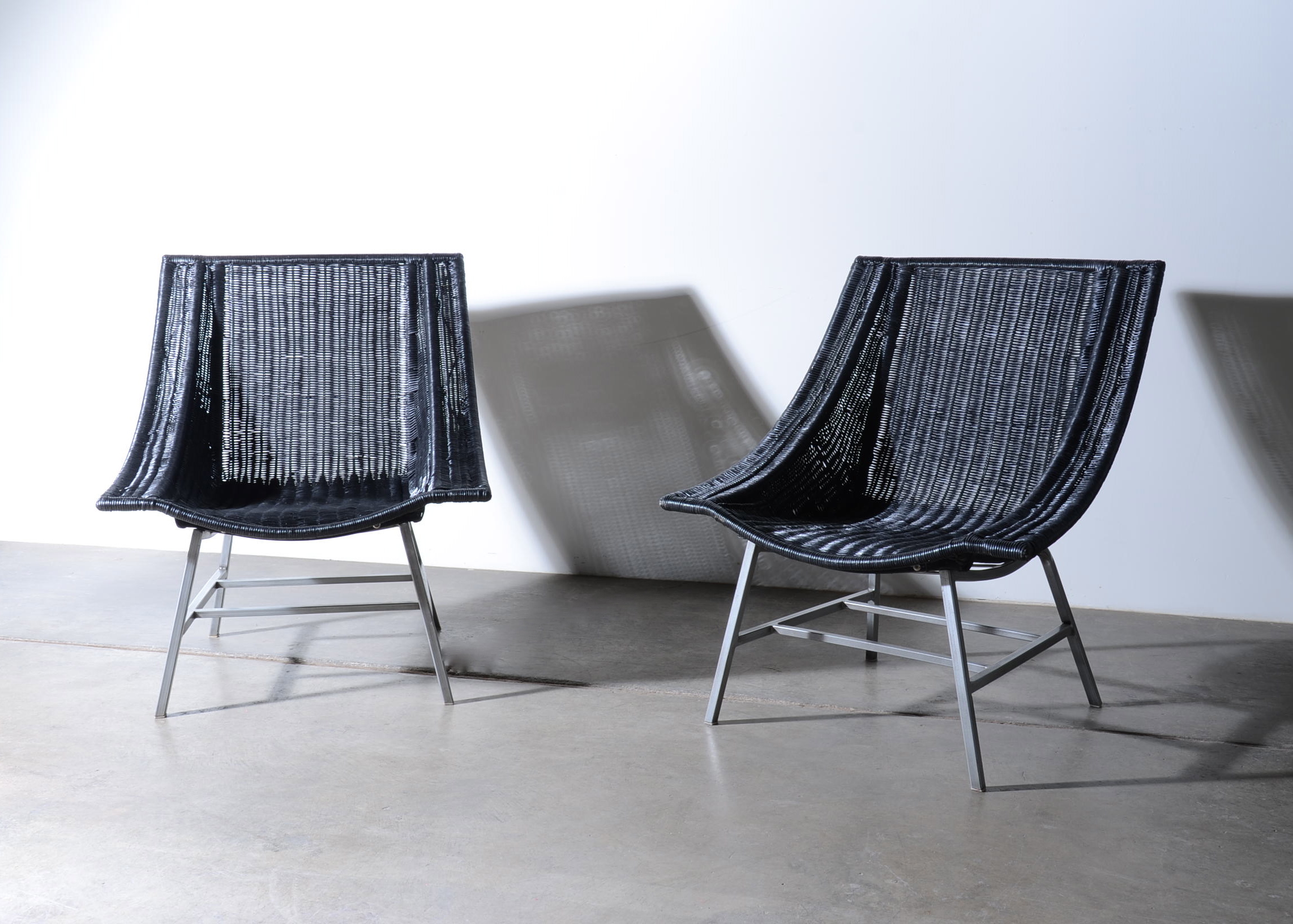 Vintage Black Wicker Lounge Chair Set With Steel Frame