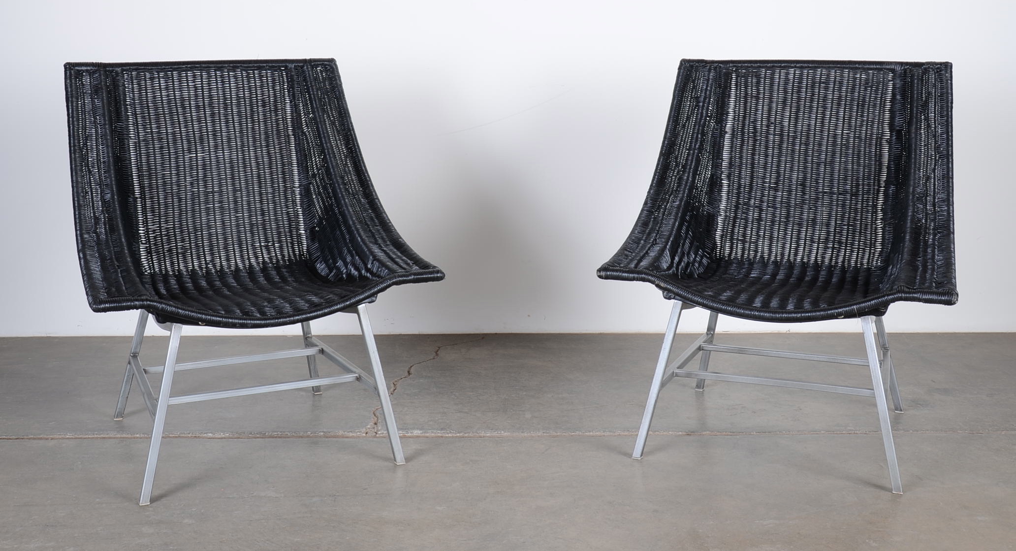 Vintage Black Wicker Lounge Chair Set With Steel Frame
