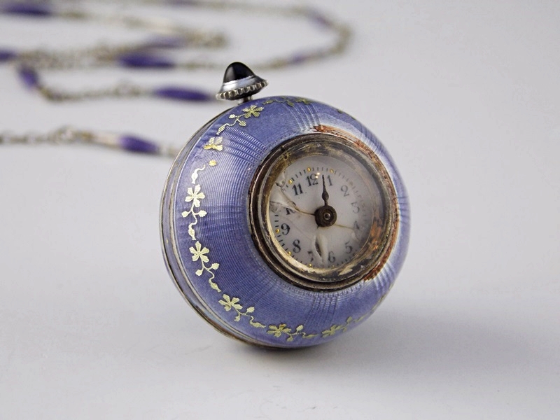 Antique Sterling and Enamel Guilloche Rolex Orb watch on Original Chain