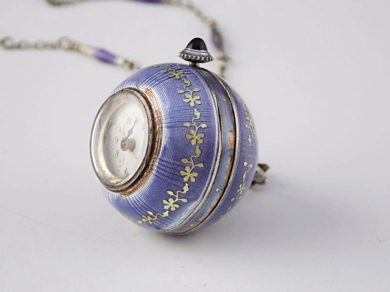 Antique Sterling and Enamel Guilloche Rolex Orb watch on Original Chain