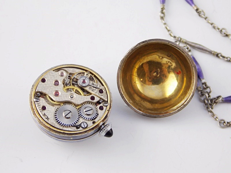Antique Sterling and Enamel Guilloche Rolex Orb watch on Original Chain