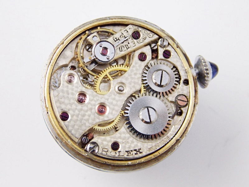 Antique Sterling and Enamel Guilloche Rolex Orb watch on Original Chain