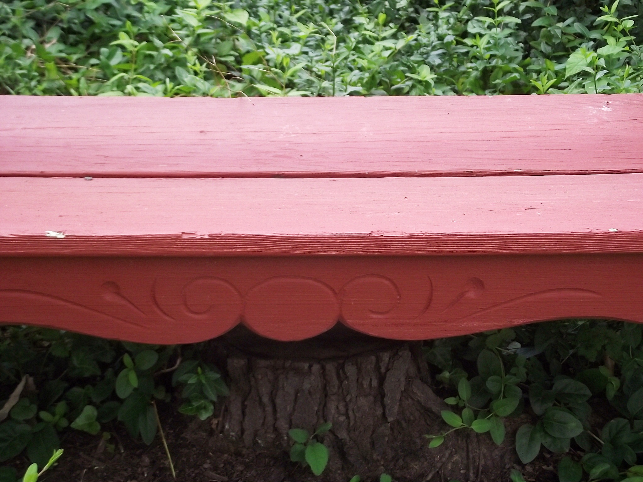 Vintage wooden garden bench with carved squirrel motif.