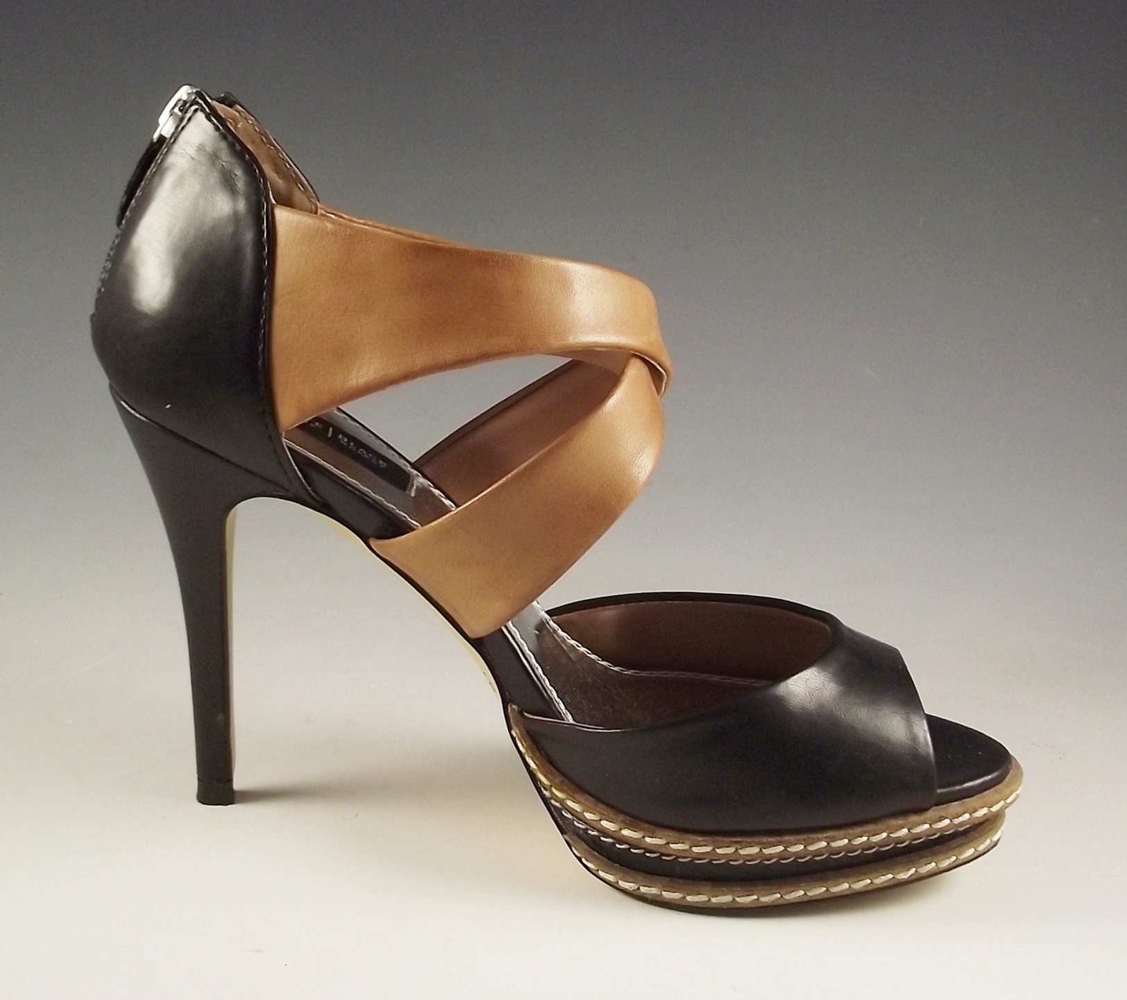 White House/Black Market black and camel leather sandals.