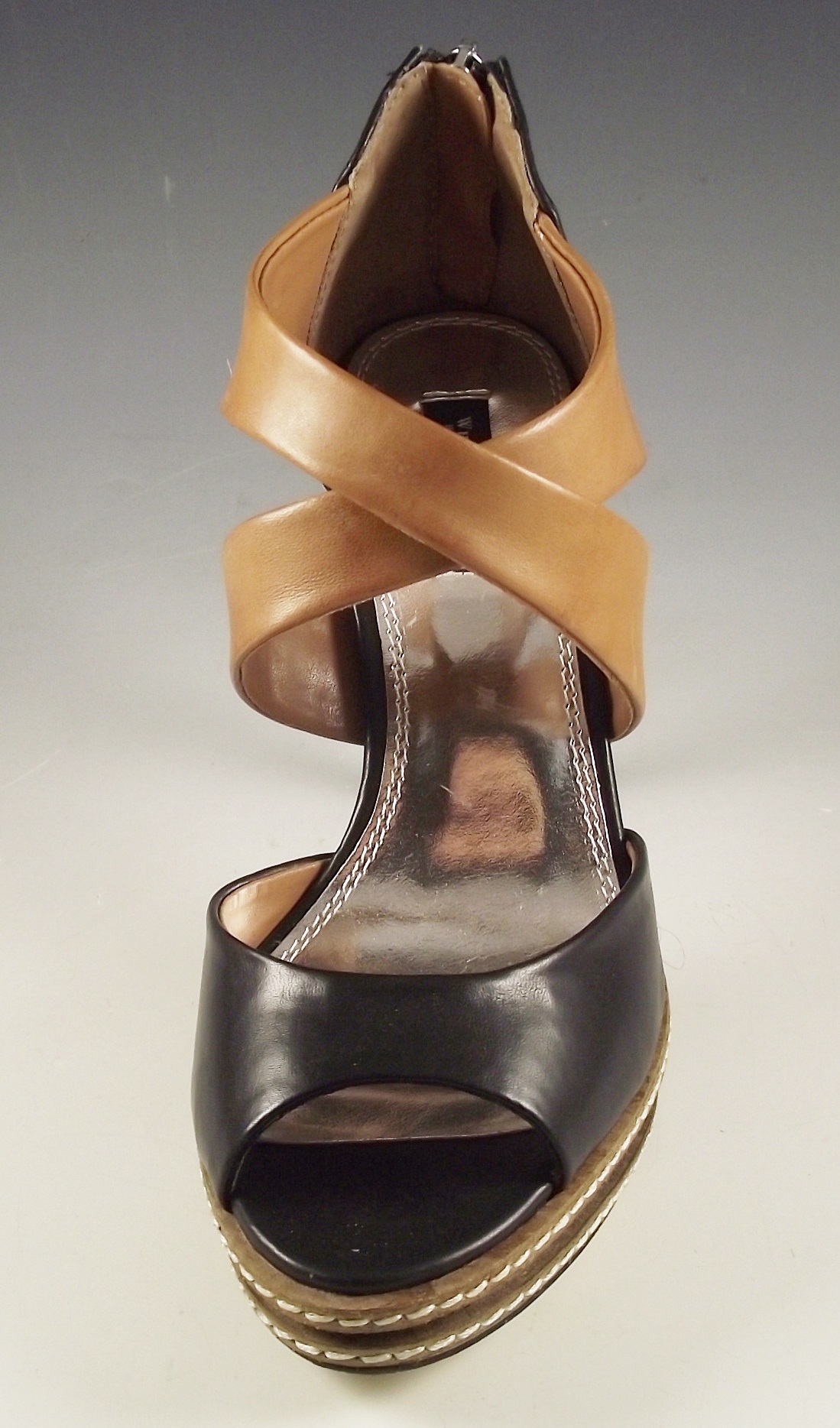 White House/Black Market black and camel leather sandals.