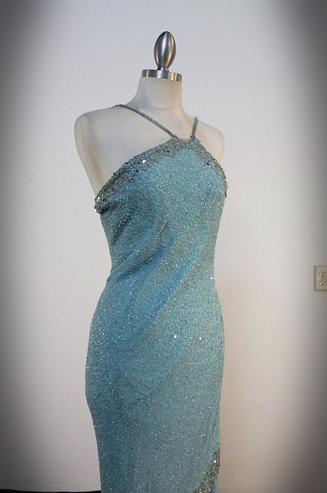  Scala Aqua Blue Silk Embellished Evening Dress