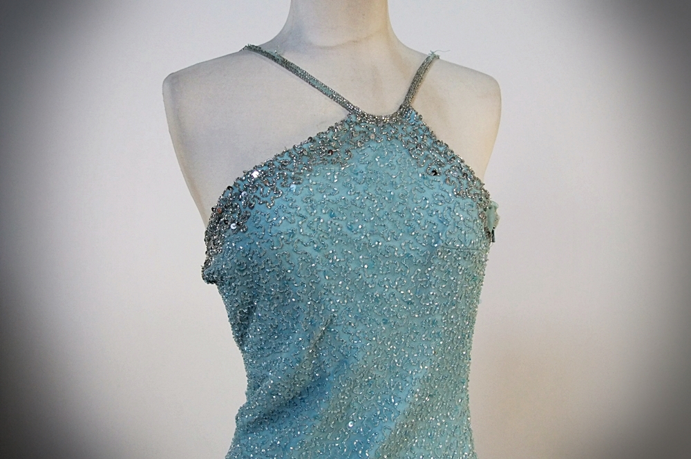  Scala Aqua Blue Silk Embellished Evening Dress