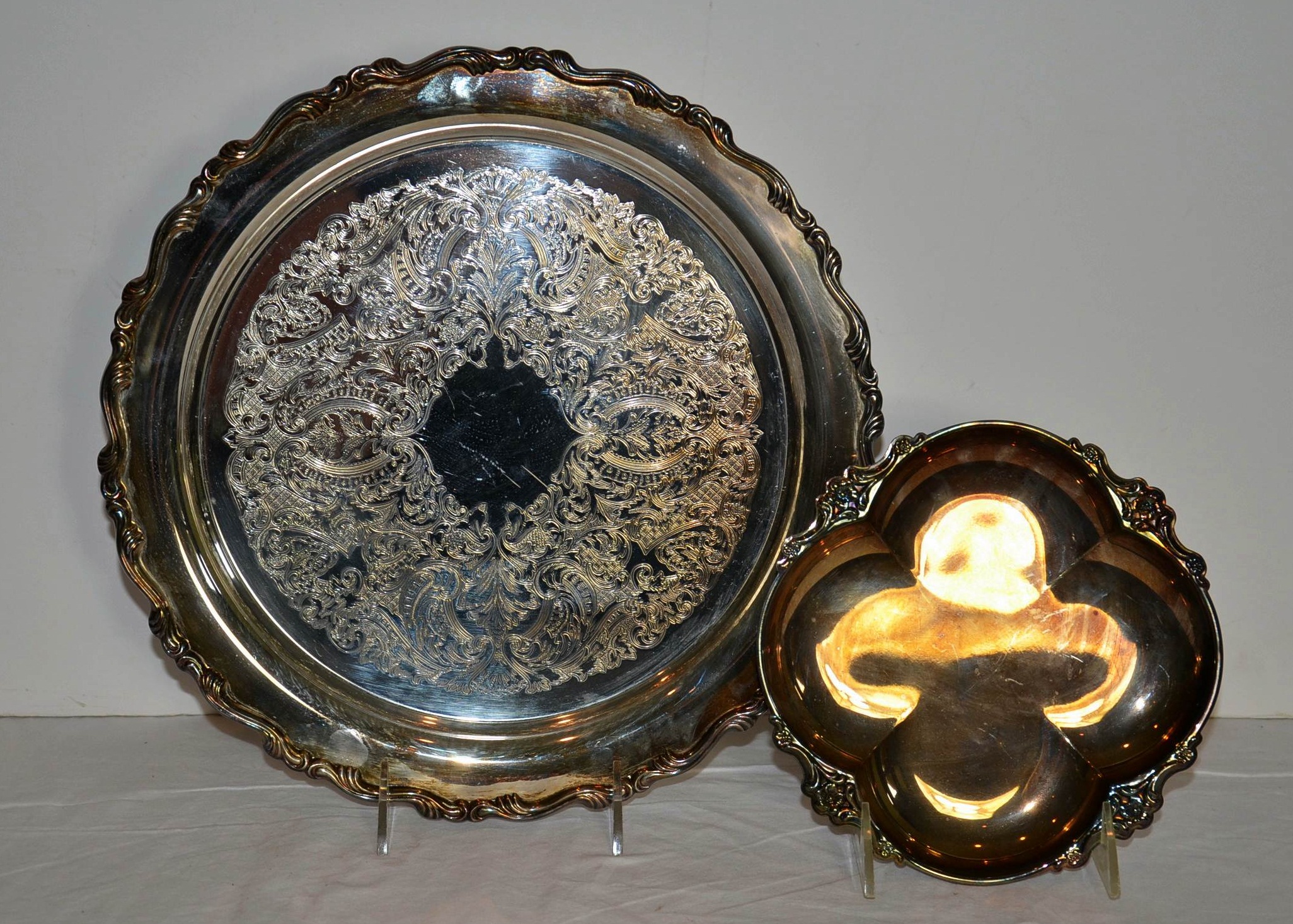 Silver plate serving items.
