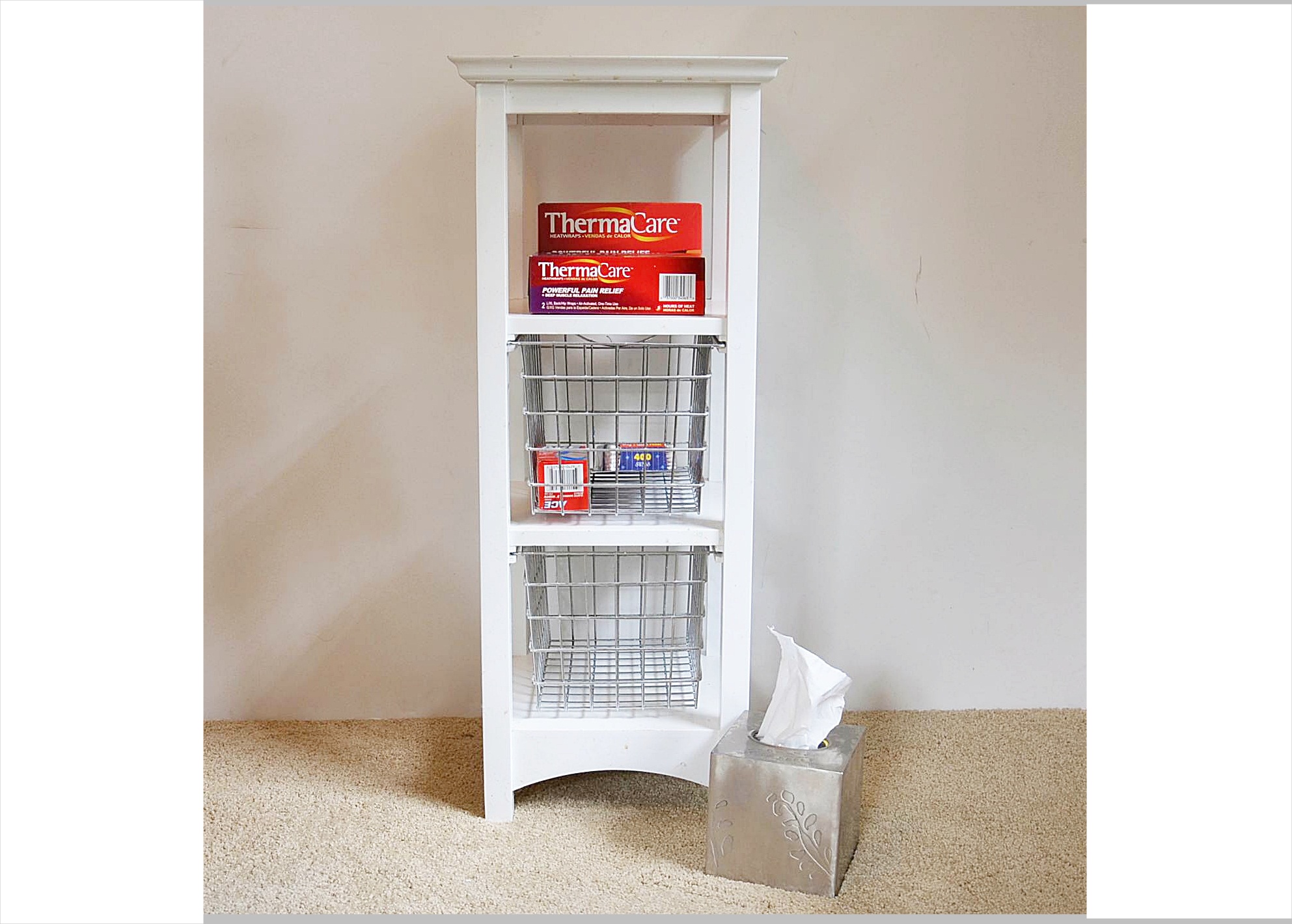 White laminate shelf. 