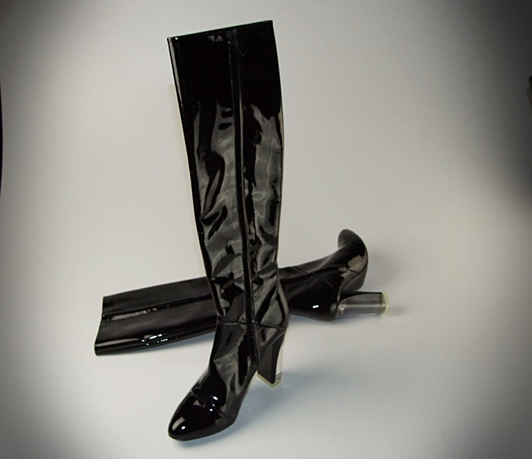  Marc Jacobs Black Patent Leather Knee High Boots With 4" Lucite Heel