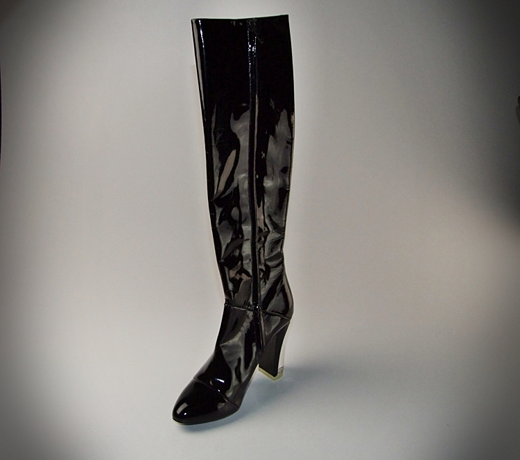  Marc Jacobs Black Patent Leather Knee High Boots With 4" Lucite Heel